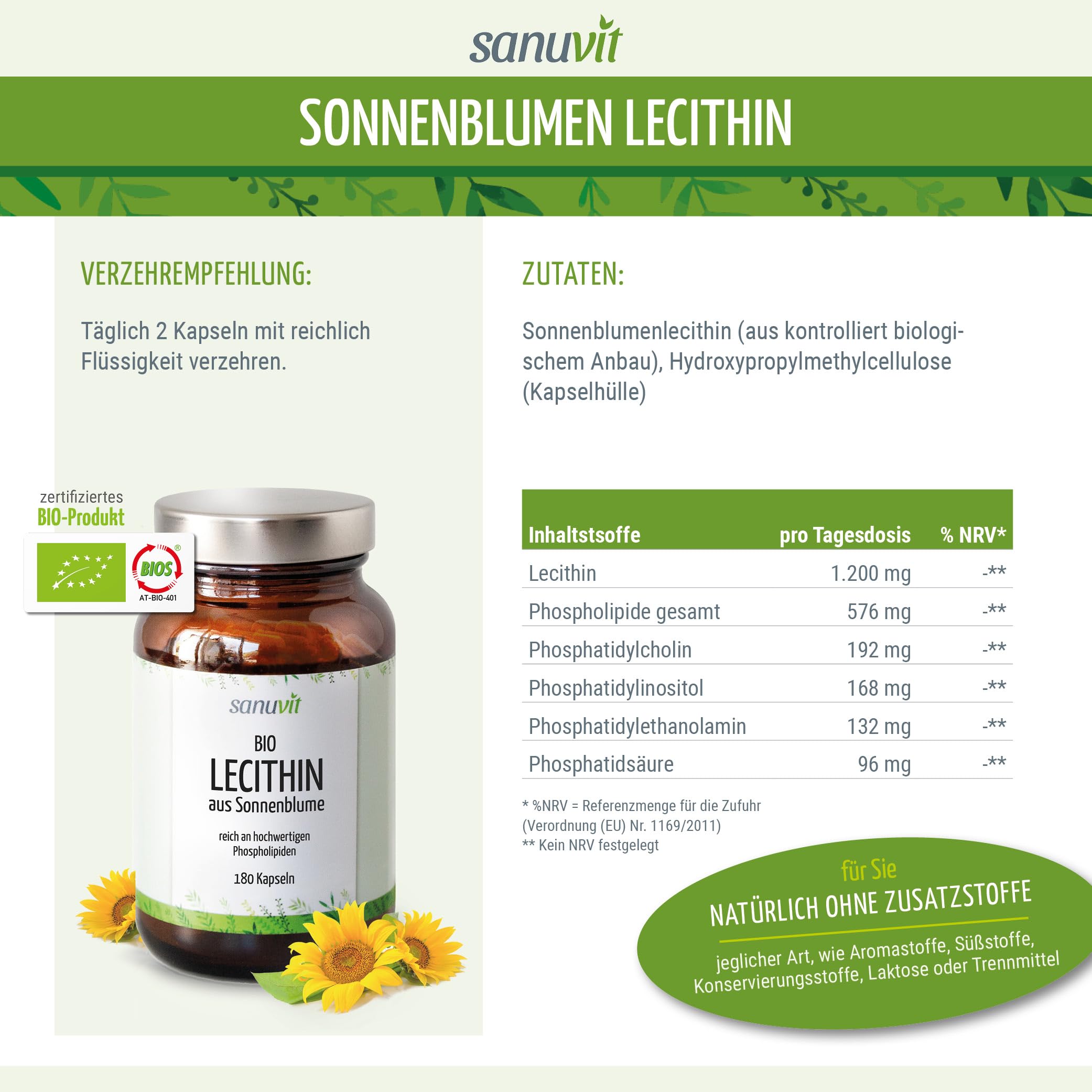 Sanuvit® - BIO Sonnenblumen-Lecithin Kapseln | 1200 mg pro Tagesdosis | Hochdosiert | Hohe Bioverfügbarkeit und Verträglichkeit | Vegan | Hergestellt in Österreich | 180 Kapseln
