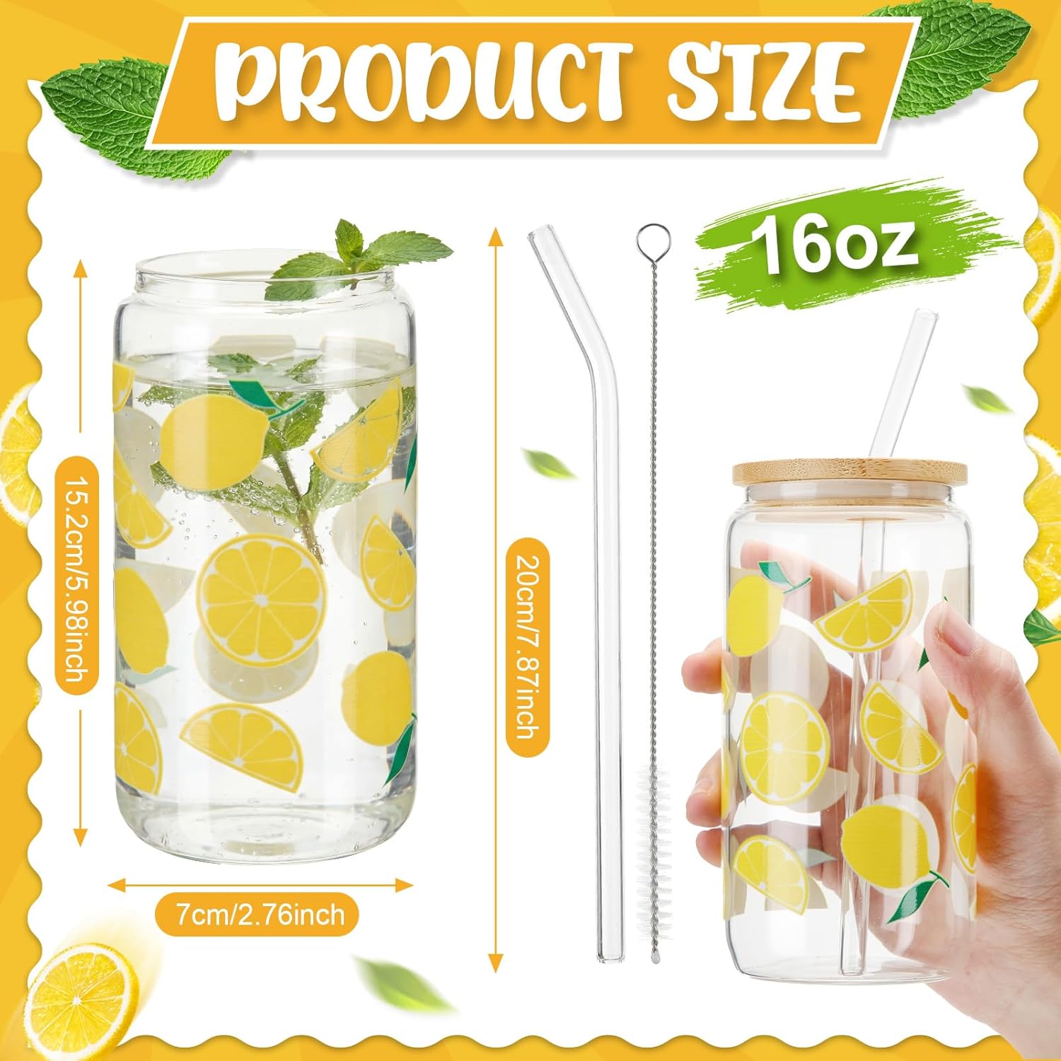 Vesici 6 Set Lemon Glass Cups 16 oz Summer Drinking Tumbler with Lid Straw and Stopper Can Shaped Beer Iced Coffee Cup Appreciation Gifts with Cards and Bow for Summer Party Favor Decorations