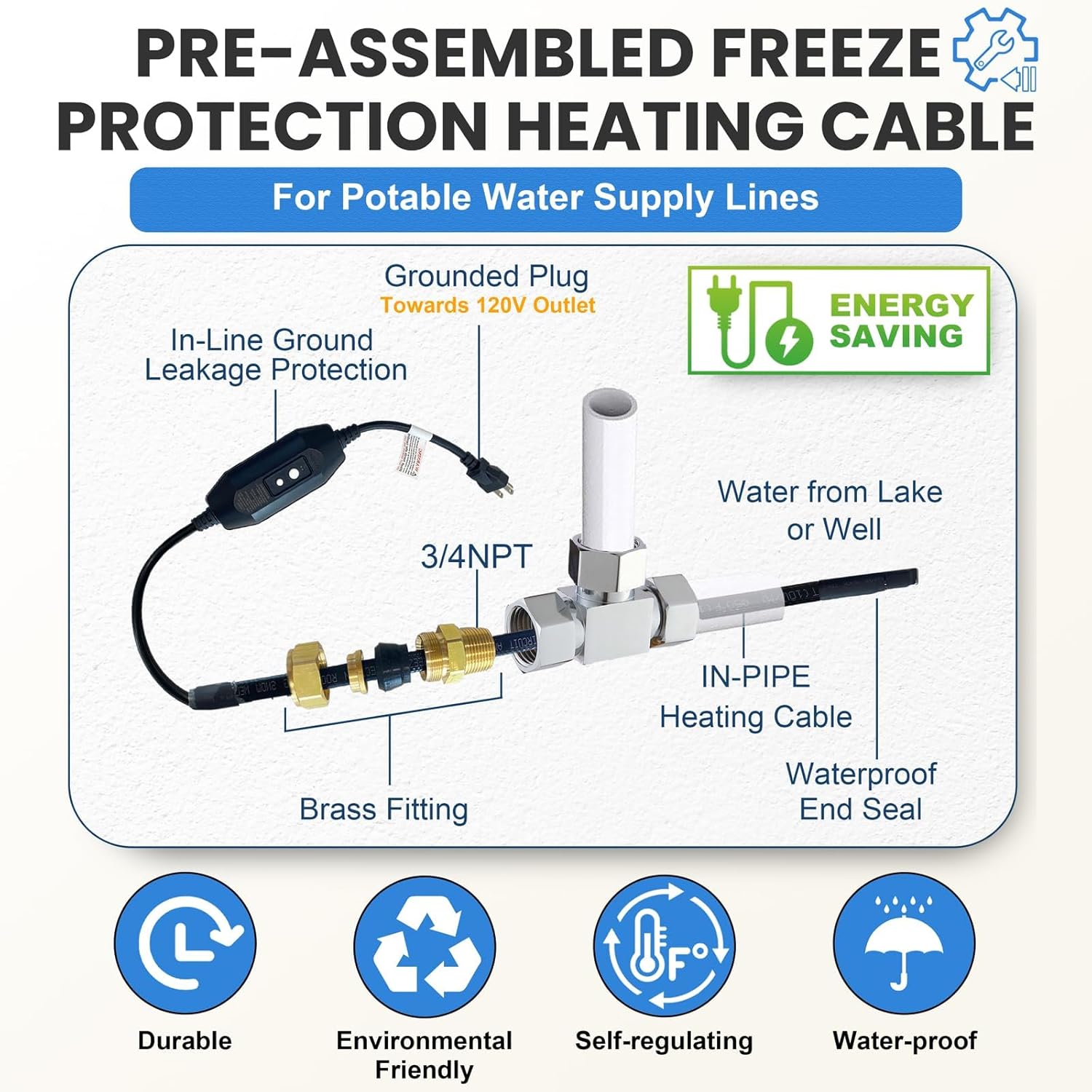 MAXKOSKO in Line Heating Cable Prevents Water Supply from Freezing, CSA Certified Safe for Drinking Water Pipe, 120V 10Ft