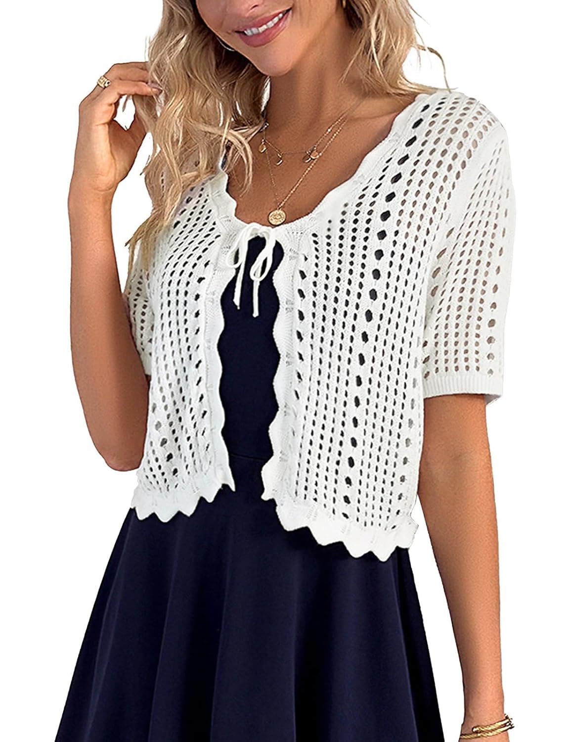 Kate Kasin Women Crochet Shrug Sweater Tie Front Knit Bolero Shrug for Dress Short Sleeve Cropped Cardigan