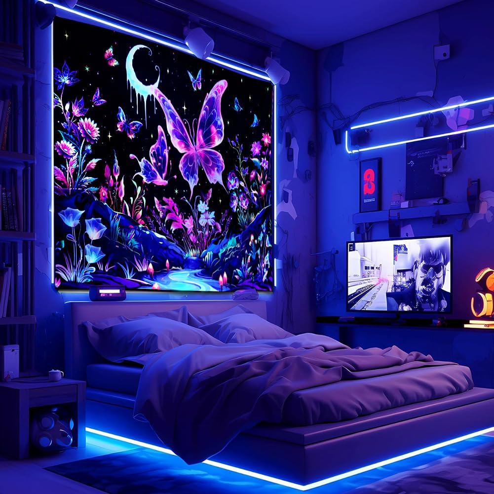 Yuiqear Blacklight Butterfly Tapestry UV Reactive Floral Plant Tapestries Trippy Nature Landscape Wall Tapestries Mysterious Starry Night Sky Tapestry Wall Hanging for Bedroom Decor