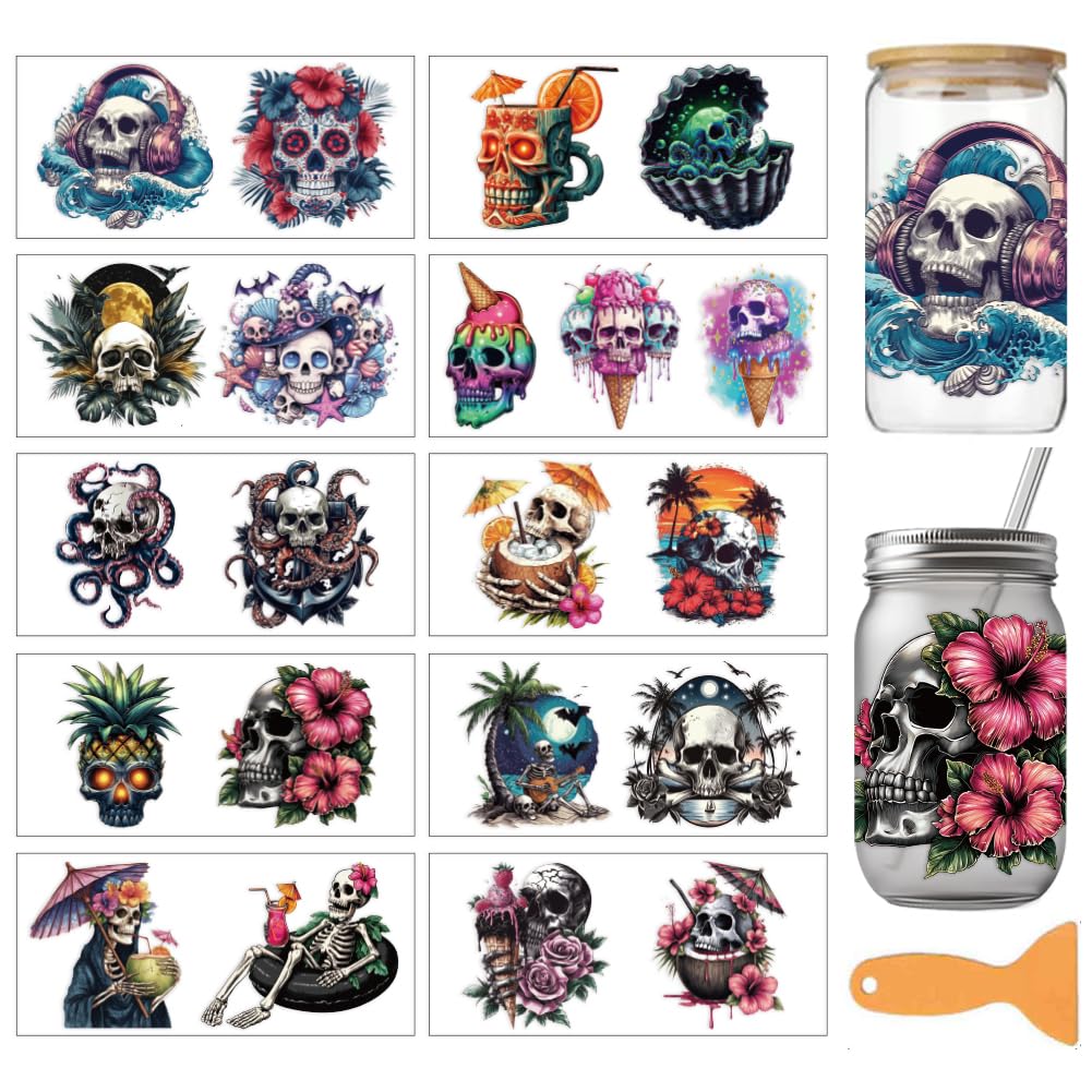 arricraft 10 Pcs Summer Skeleton Theme PVC Cup Transfer Stickers, Summer Gothic Skull Pattern UV Waterproof Cup Sticker Rub on Decal for 16 oz Glasses Window Home Printing Decoration 24x11cm