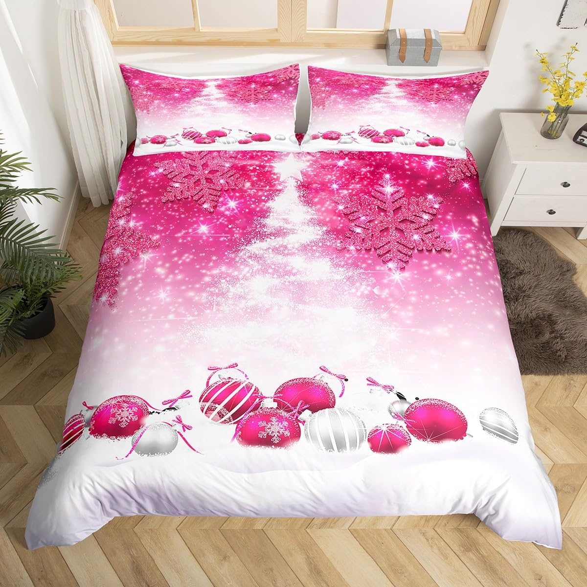 Feelyou Pink Christmas Duvet Cover Queen Size Girls Christmas Tree Comforter Cover Glitter Snowflake Bedding Set Microfiber Kids Adults Holiday Bed Set Pink Xmas Room Decor