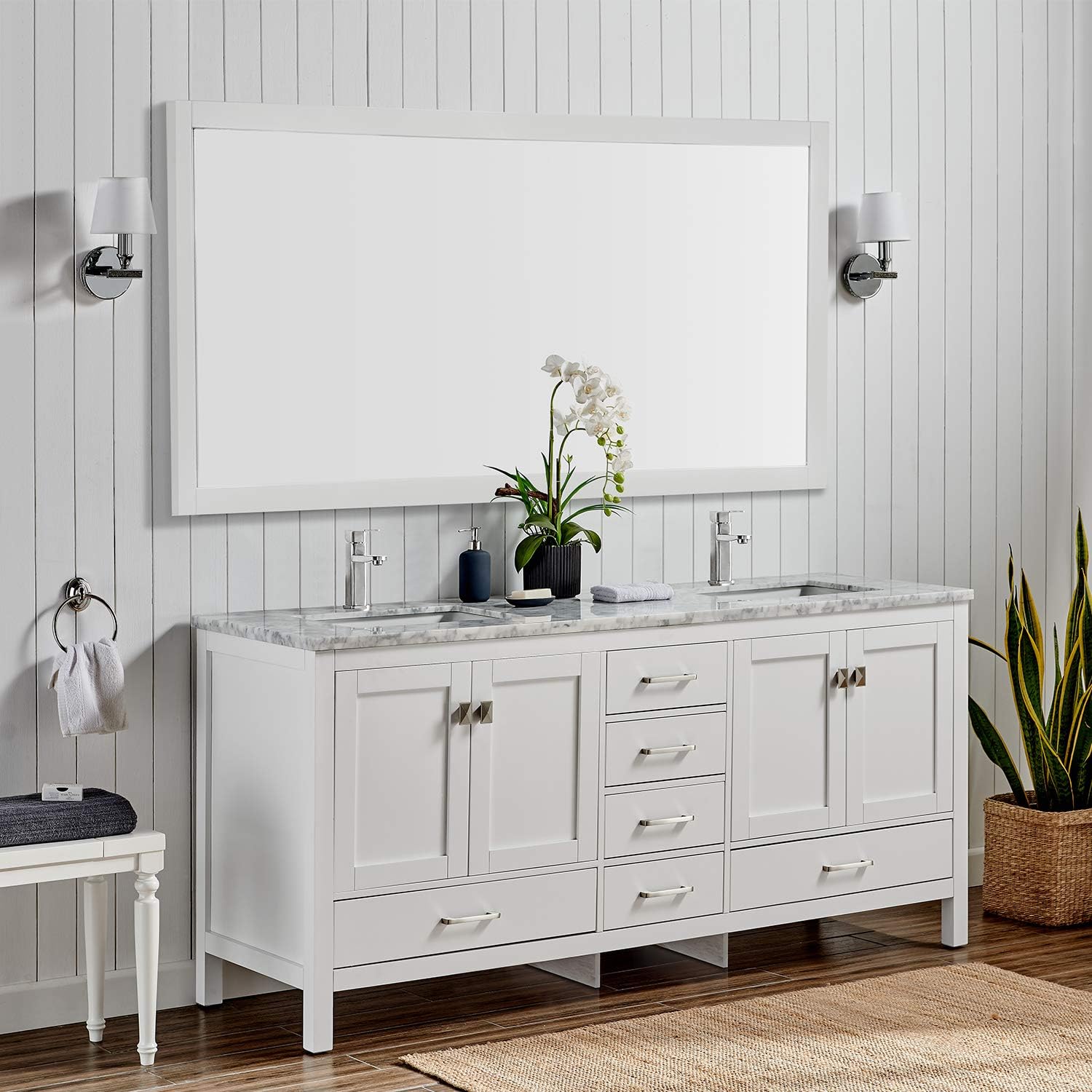 Eviva London 60 x 18 inch White Transitional Double Sink Bathroom Vanity with White Carrara Quartz Countertop and Undermount Porcelain Sinks