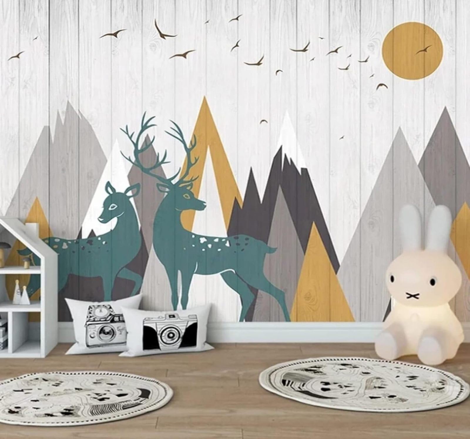 XLMING Cartoon Geometric Mountain Sunrise Moose 3D Wallpaper Luxury Silk Study Dining Feature Sofa Grey Bedroom Living Room Tv Decorative Wall-400cm×280cm