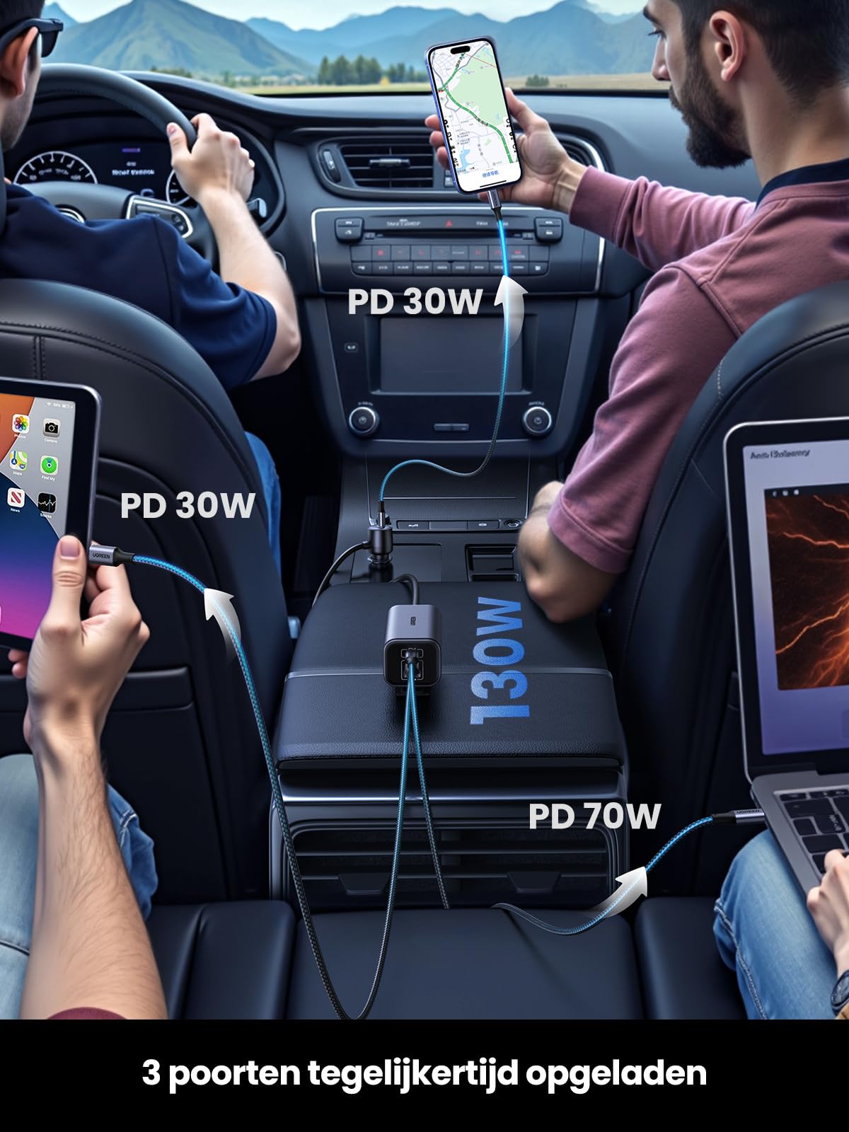 UGREEN sigarettenaansteker USB C 130W USB autolader 3-poorts autolader