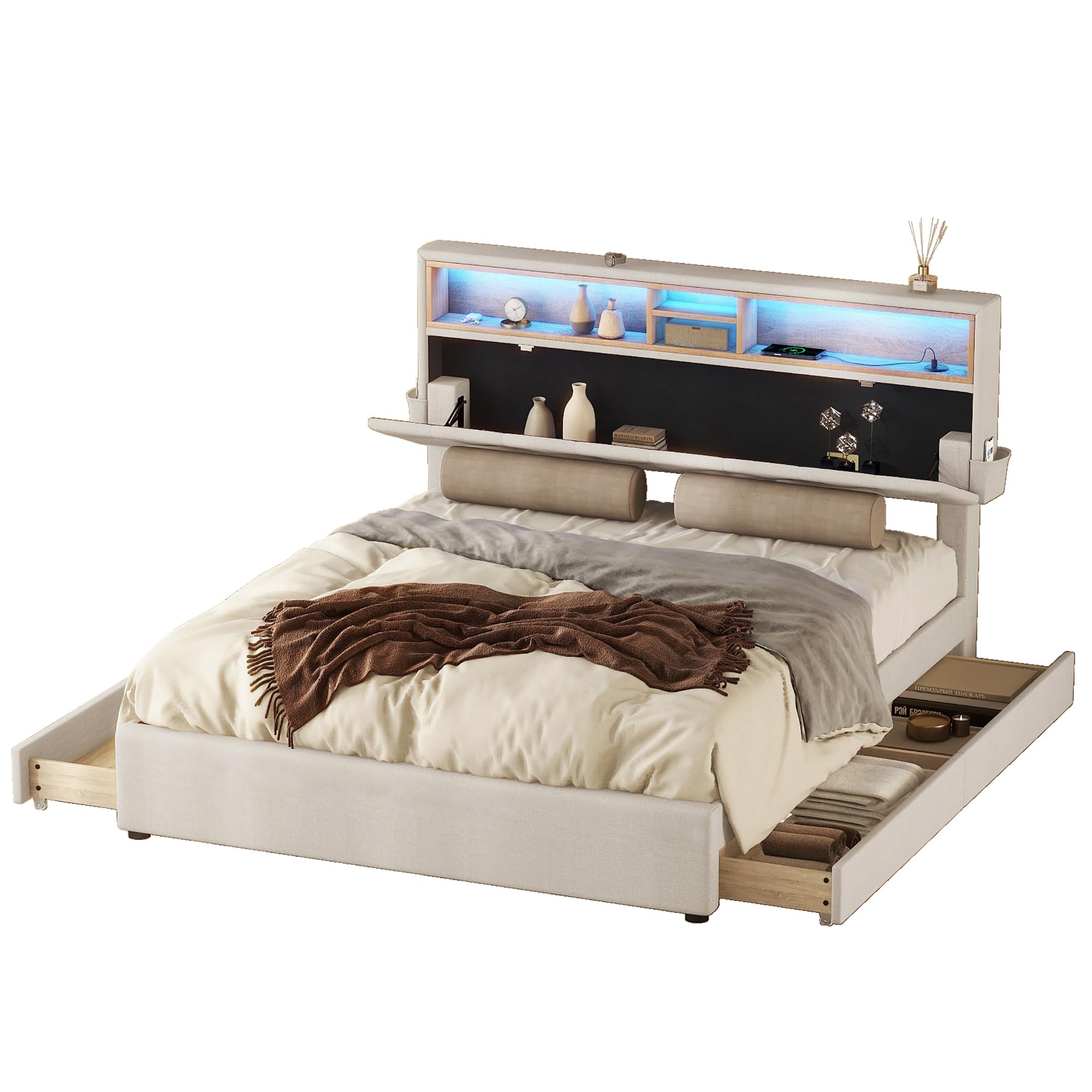 Lit Capitonné Azkoeesy 140x200 Cm Avec Rangements, Tête De Lit Réglable Et éclairage LED – Velours Beige