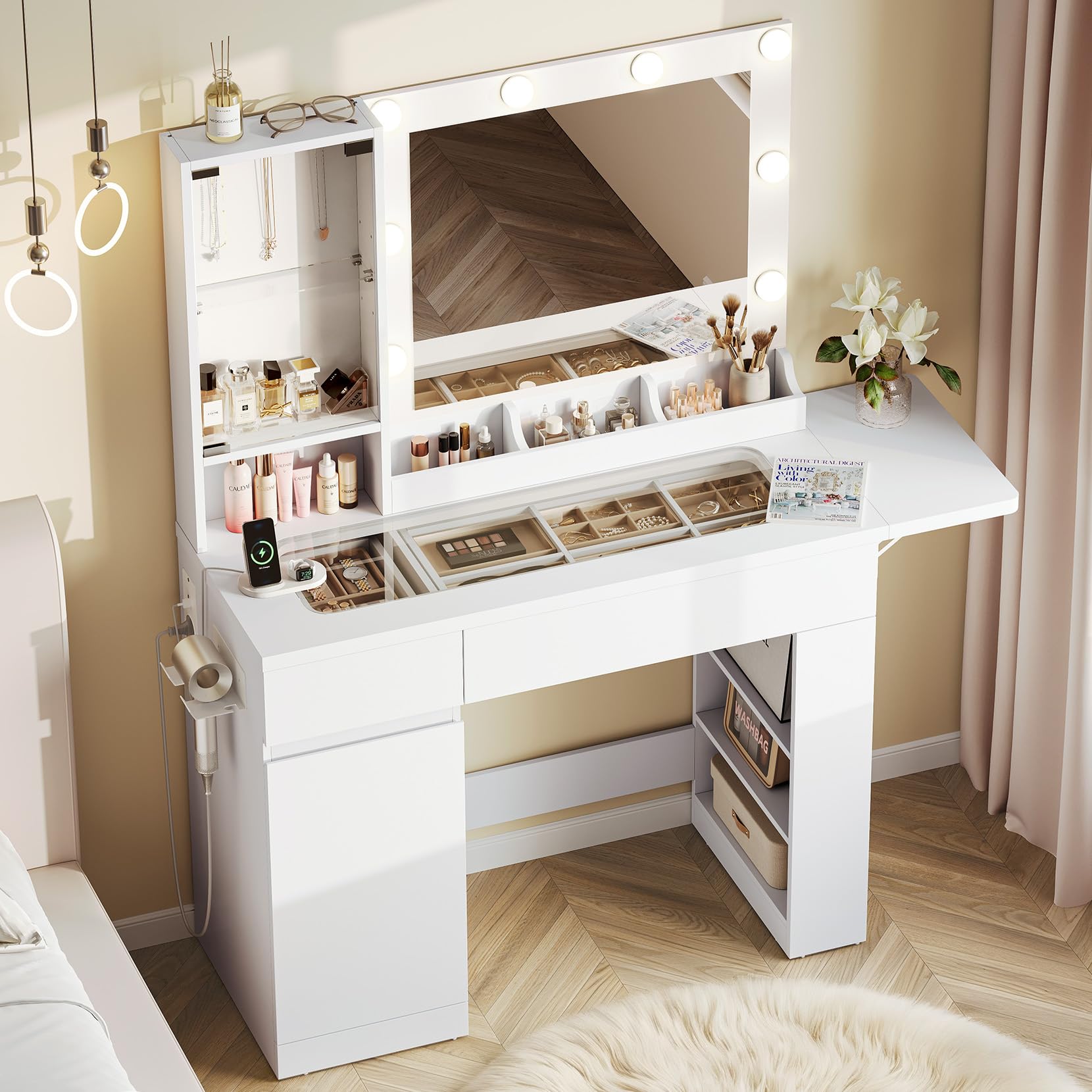 Dripex Tavolo da Toeletta con 10 Sfere Luminose a LED e Prese, 115 cm, con Specchio e Piano in Vetro Trasparente, Vanity Desk per Camera da Letto, Bianco
