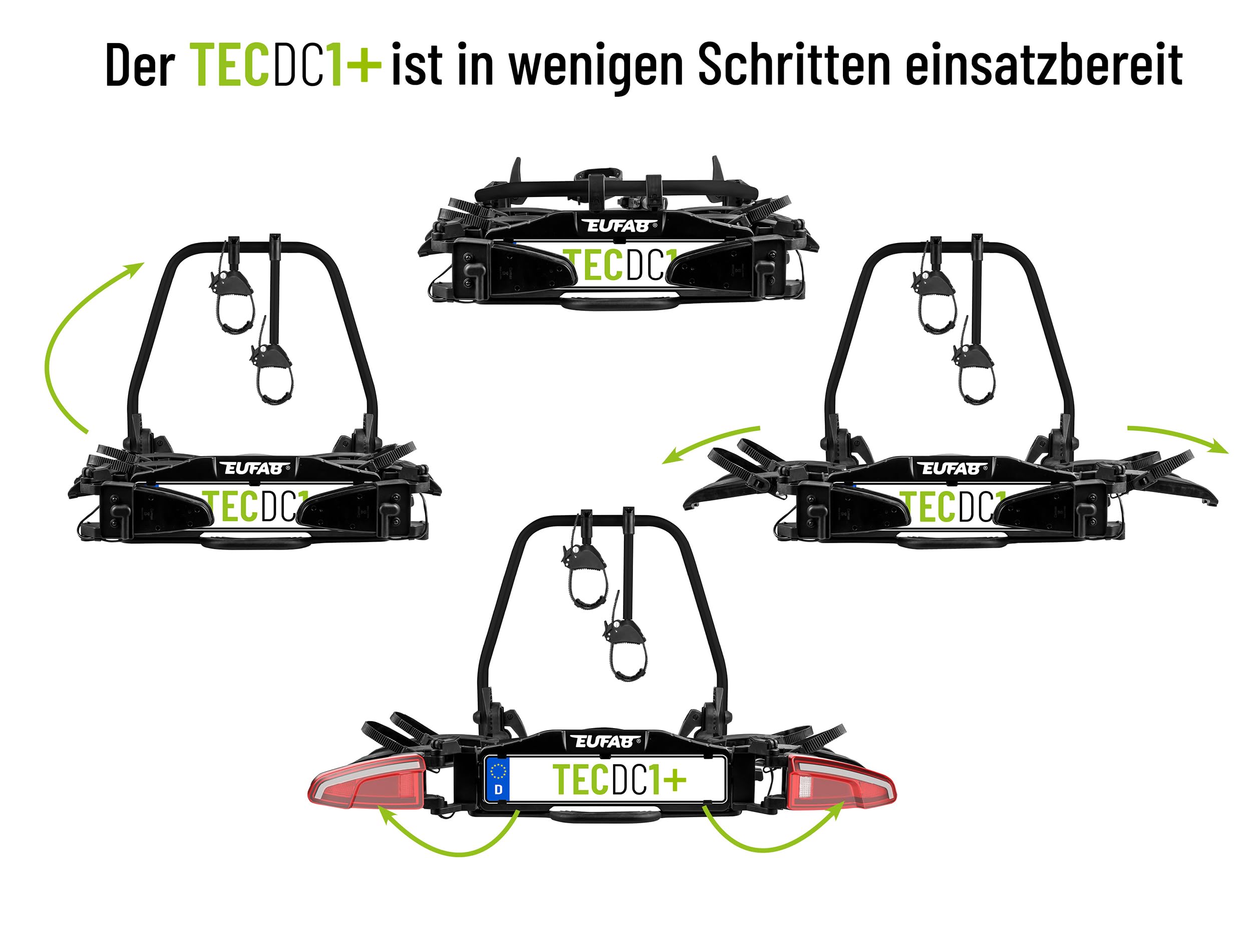 EUFAB 11650 Fahrradträger TECDC1+, Heckträger für 2 E-Bikes, 60 kg Nutzlast, abklappbar Fußpedal, LED-Rückleuchten, vormontiert, Schwarz