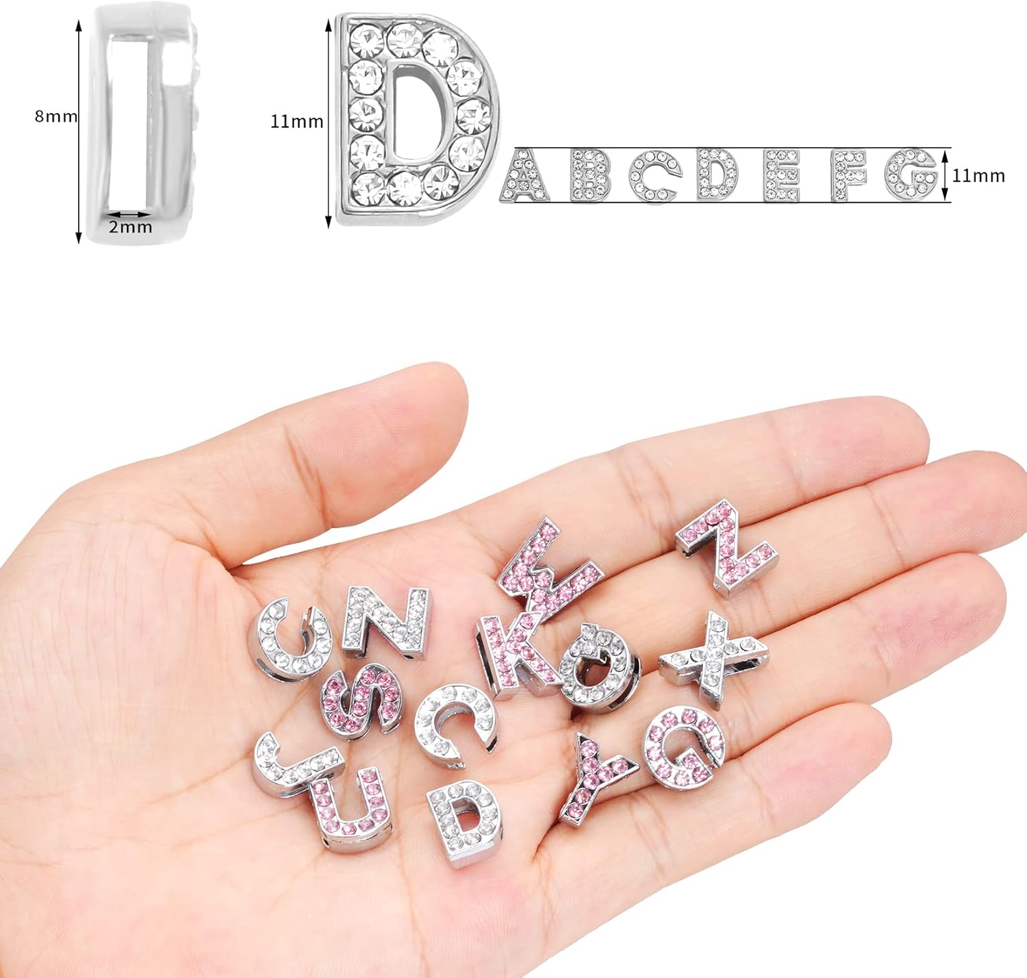 130pcs A-Z 8mm Full Rhinestones Slide Alphabet Letters for DIY Wristbands Bracelets, Jewelry Making Crafts Charms (Silver and Pink) - Image 2
