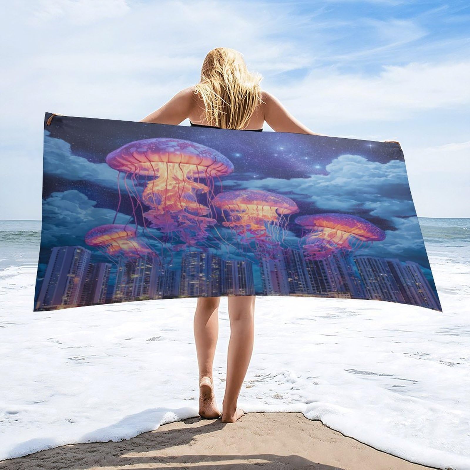 Luyysky Fantasy Realistic Animal Jellyfish Quick-Drying Beach Towel, Classic Watercolor Galaxy Ocean Life Jellyfish Cityscape Travel Vacation Single Sided Pile Bathroom Towels-80 W Cm X 160" L Cm