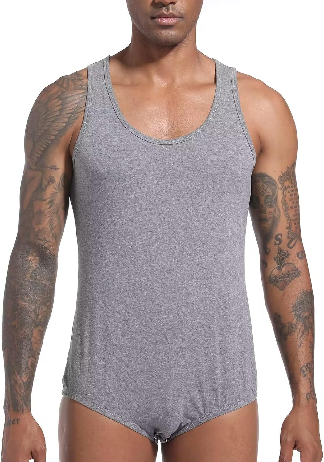 Landofgenie Mens Cotton Sleeveless Bodysuit Solid One-Piece Pajama Rompers for Men - Image 2