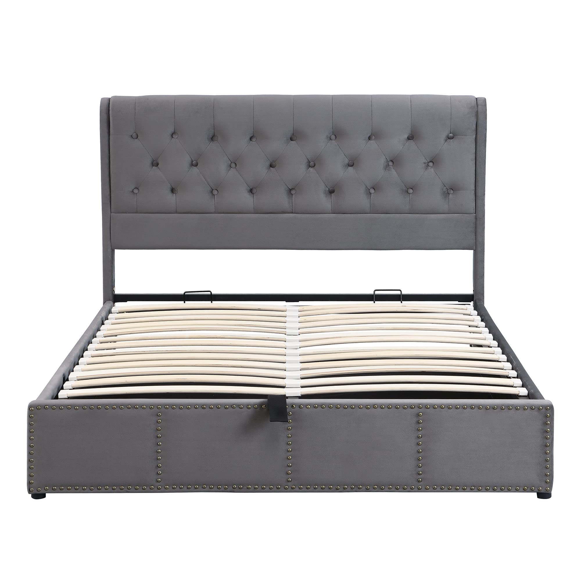Azkoeesy Cama Matrimonio tapizada 180 x 200 cm, con Somier y Espacio de almacenaje, Respaldo Suave, decoración de Rayas y Tachuelas, Funda de Terciopelo, Gris.