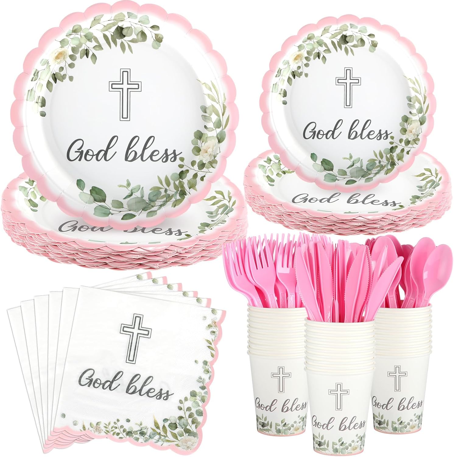 Willinglong 175 Pcs God Bless Baptism Decorations Tableware Disposable First Communion Paper Plates Napkins Cups Cutlery Baptism Party Decoration for Christening Celebration Baby Shower(Pink)