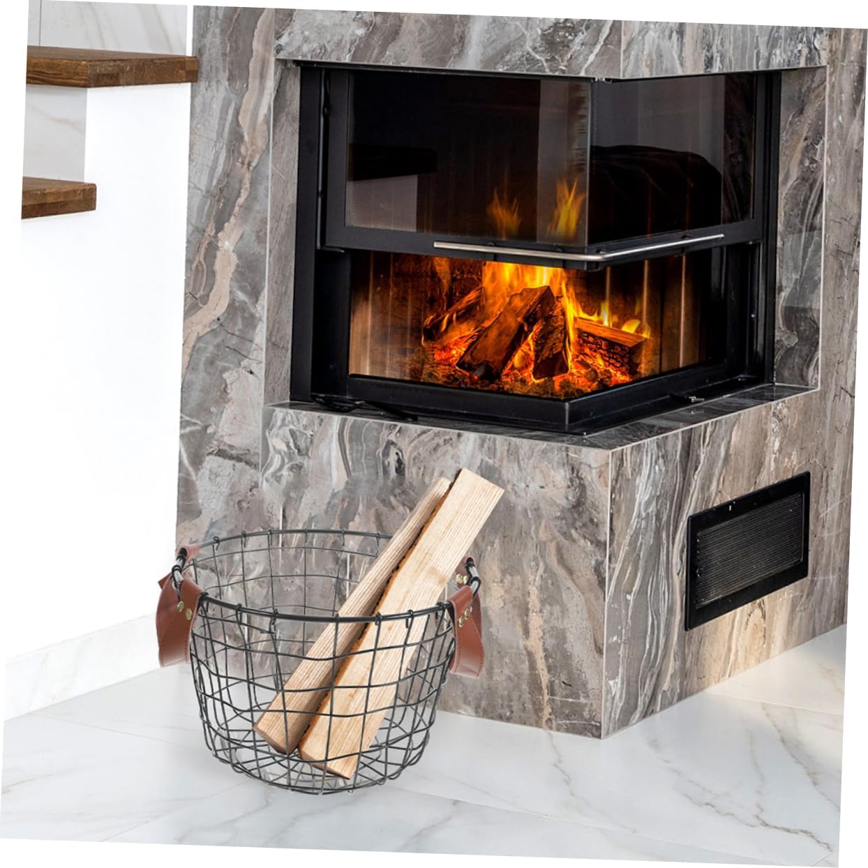 2pcs Large Capacity Firewood Holder Metal Wire Basket Handle for Outdoor Logging Storage