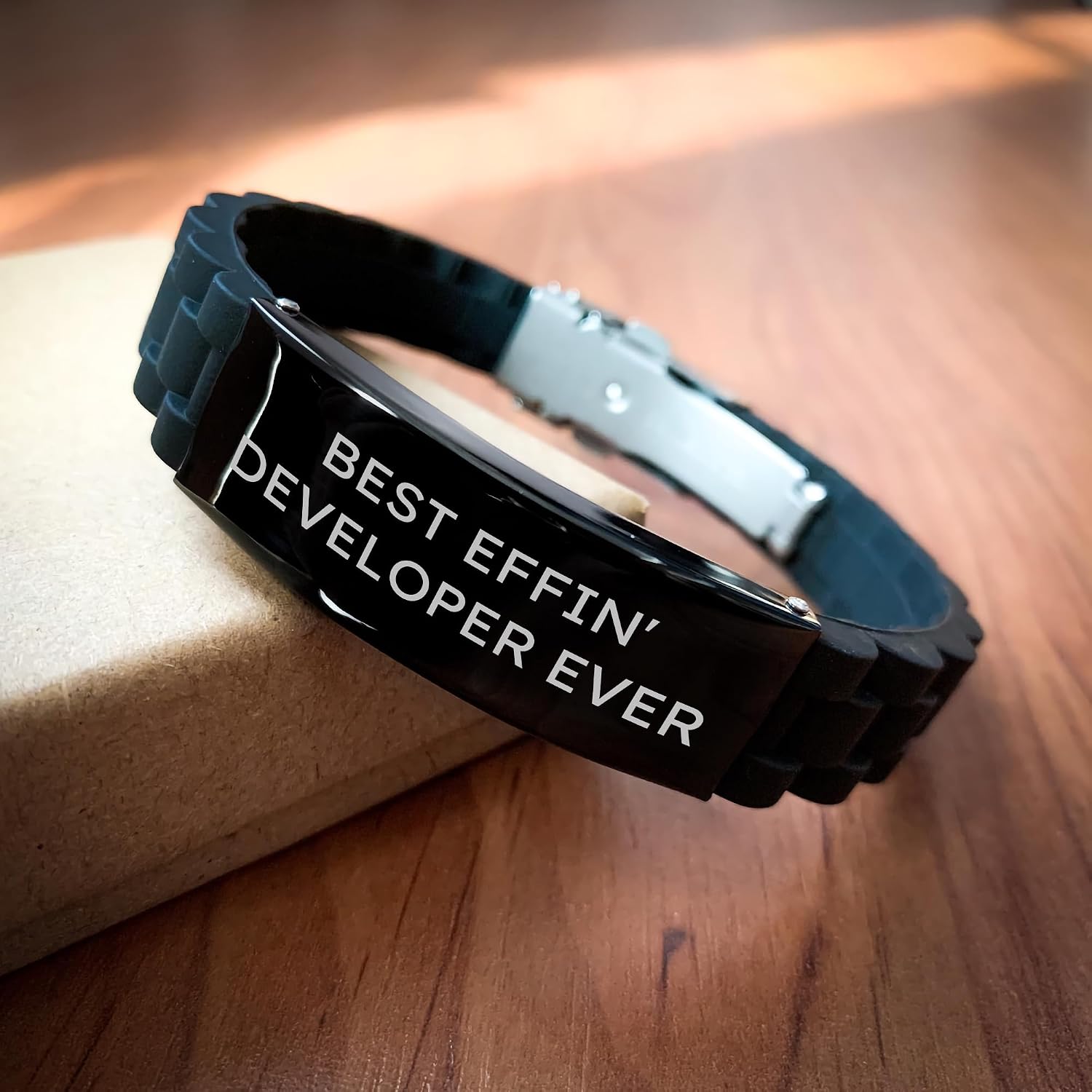 Developer Superstar Best Effin' Developer Ever Gifts for Developer Lovers Adjustable Glide lock Clasp Black Stainless Steel Silicone Birthday Jewelry