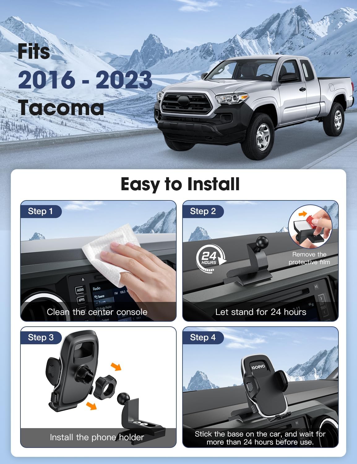 Upgraded Tacoma Phone Mount for Toyota Tacoma 2016-2023, 3rd Gen Dashboard Clip Cell Phone Cradle, Adjustable Stand, Suitable for Most Smartphones