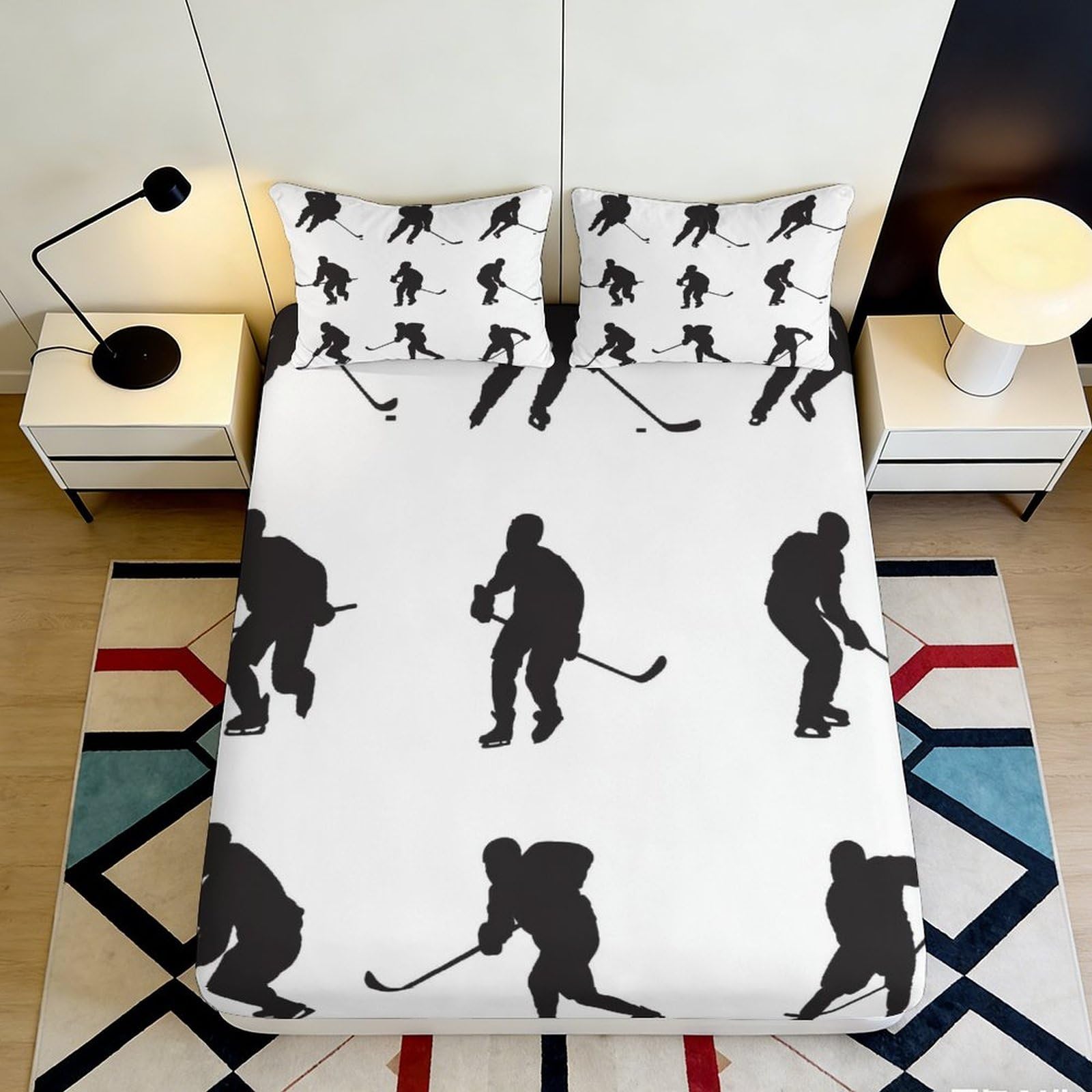 3D Printed Hockey Player Fitted Sheet Microfiber Black White Sports Silhouette Bed Cover for Bedroom Guestroom Dorm Mattress Protection 90x200x25cm