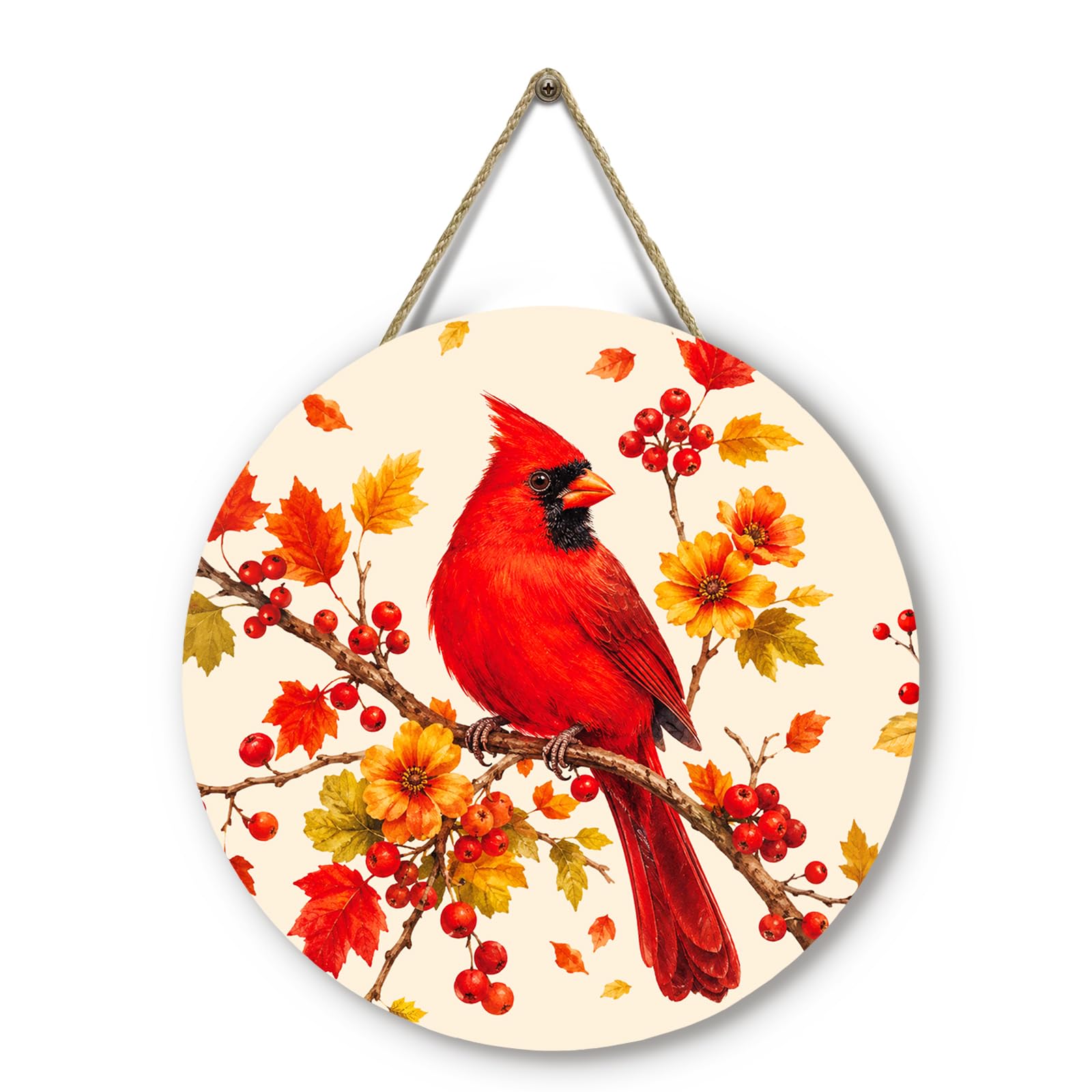 Fall Cardinal Signs for Front Door Autumn Bird Door Hanger Maple Leaves Floral Wreath Hanging Door Sign for Outdoor Wall Porch Decoration