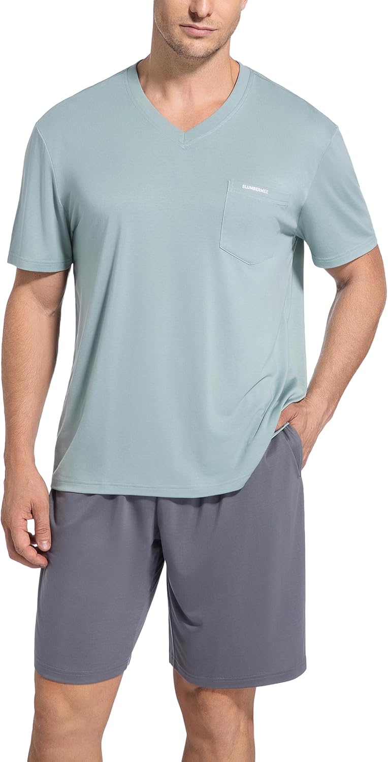 SlumberMee Mens Pajama Set Soft Cooling Viscose Summer Pjs Short Sleeve Sleepwear 2 Piece Crew Neck Loungewear with Pockets