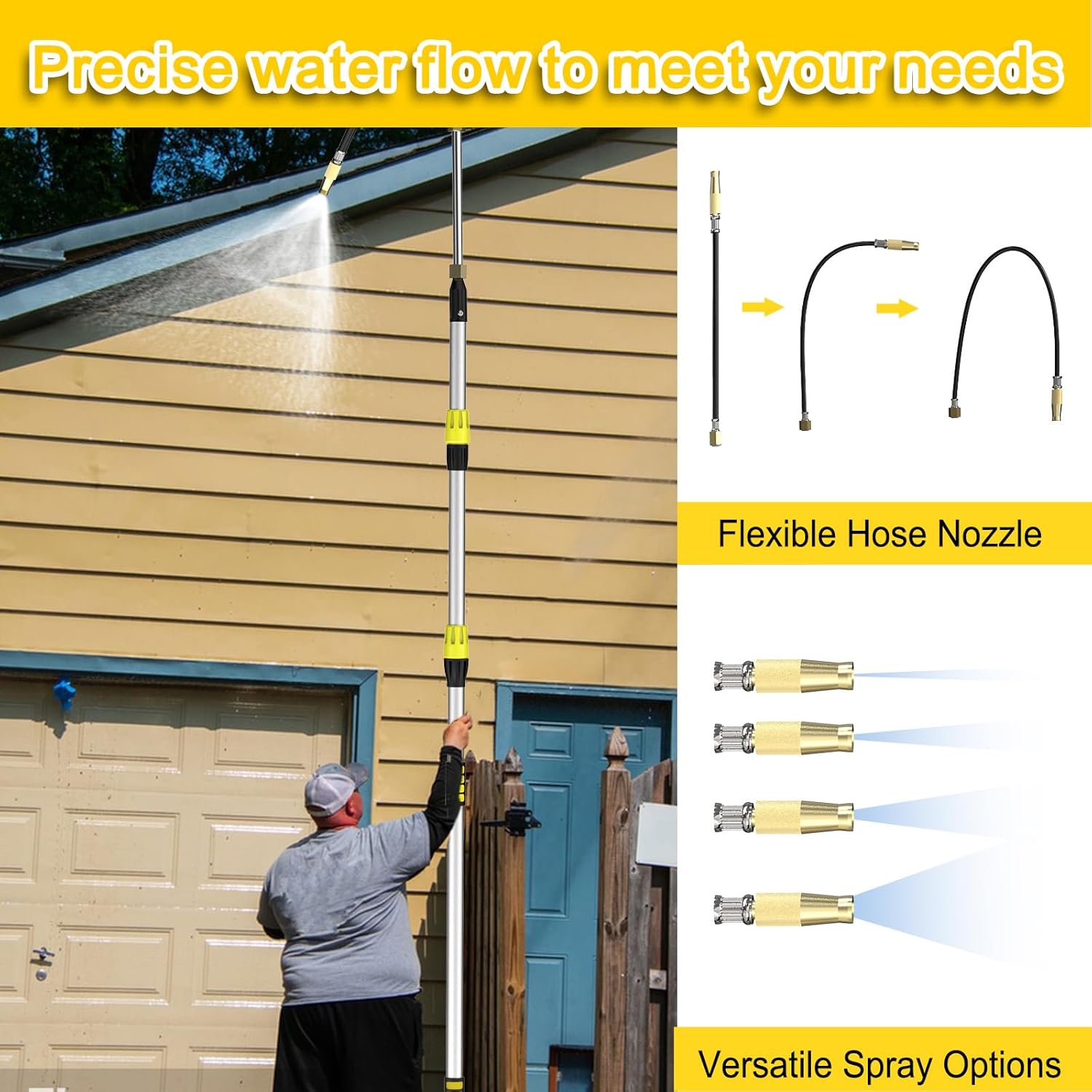 Buyplus 24FT Reach Telescoping Gutter Cleaning Tools 4-16FT Rain Gutter Cleaner Tools From Ground with 3/4" Brass Garden Hose Shut Off Valve, Bendable Flexible Water Wand for Garden Hose, Window
