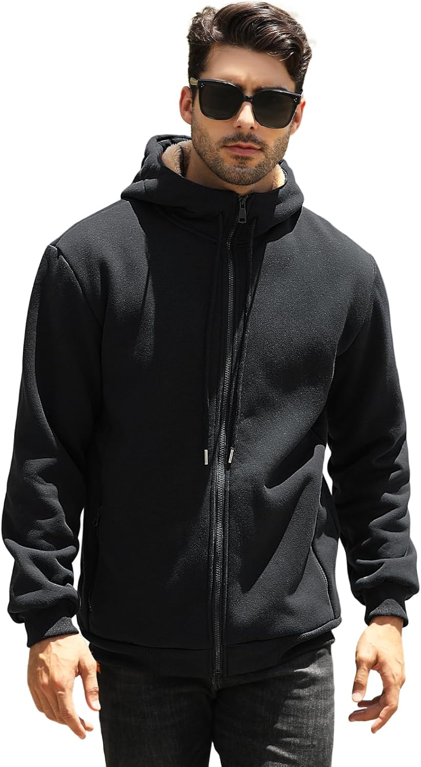 Men's Fleece Hoodie Winter Zip Up Sweatshirt Sherpa Lined Jacket Heavyweight Hoodies Pullover Warm Coat Hooded - Image 2