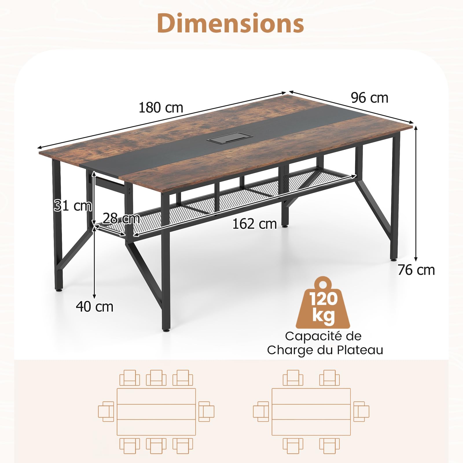 COSTWAY Table de Conférence pour 8 Personnes, Table de Réunion Rectangulaire avec Étagère de Rangement en Maille et Passe-câble, Bureau de Séminaire Industrielle avec Cadre Métallique pour Bureau