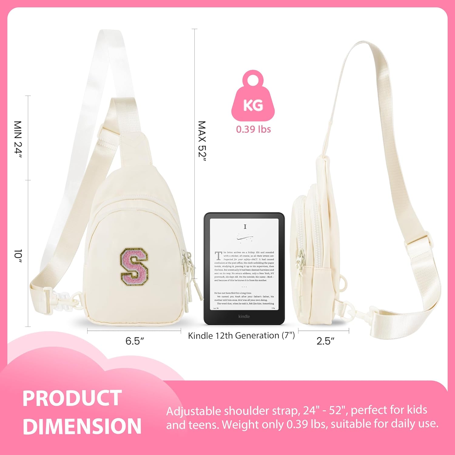 Personalized Initial Crossbody Bag for Tween Girls with Extender Strap 32"-52", Birthday Gift for 6 to 14 Year Old Girls, Sling Bag for Kids and Tweens, Cream with Initials S - Image 3
