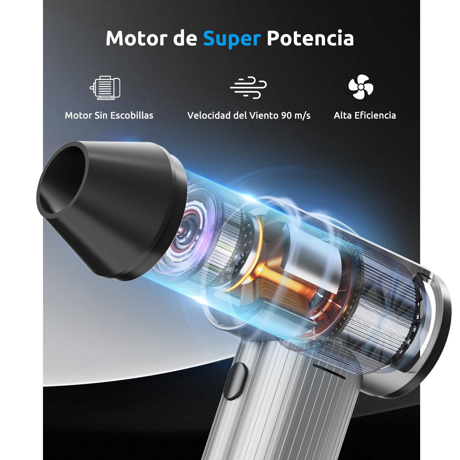 Soplador de Aire Comprimido de Metal, 270000 TR/Min de Pulverización de Aire Comprimido con 3 Velocidades ajustables, Aire Comprimido Limpieza PC, Soplador Batería para Coche, Hogar y Exterior - Plata