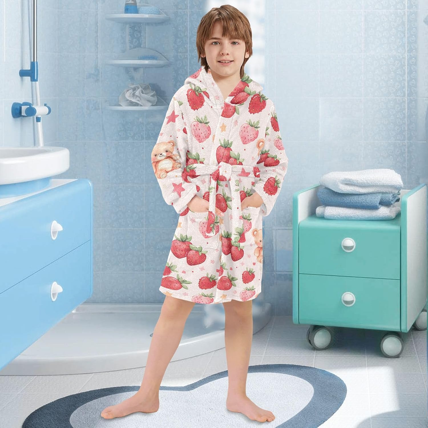 senya Bear Strawberry Star Toddler Hooded Bathrobe Kids Soft Plush Bath Towel Robes for Boys Girls 2-12 Years
