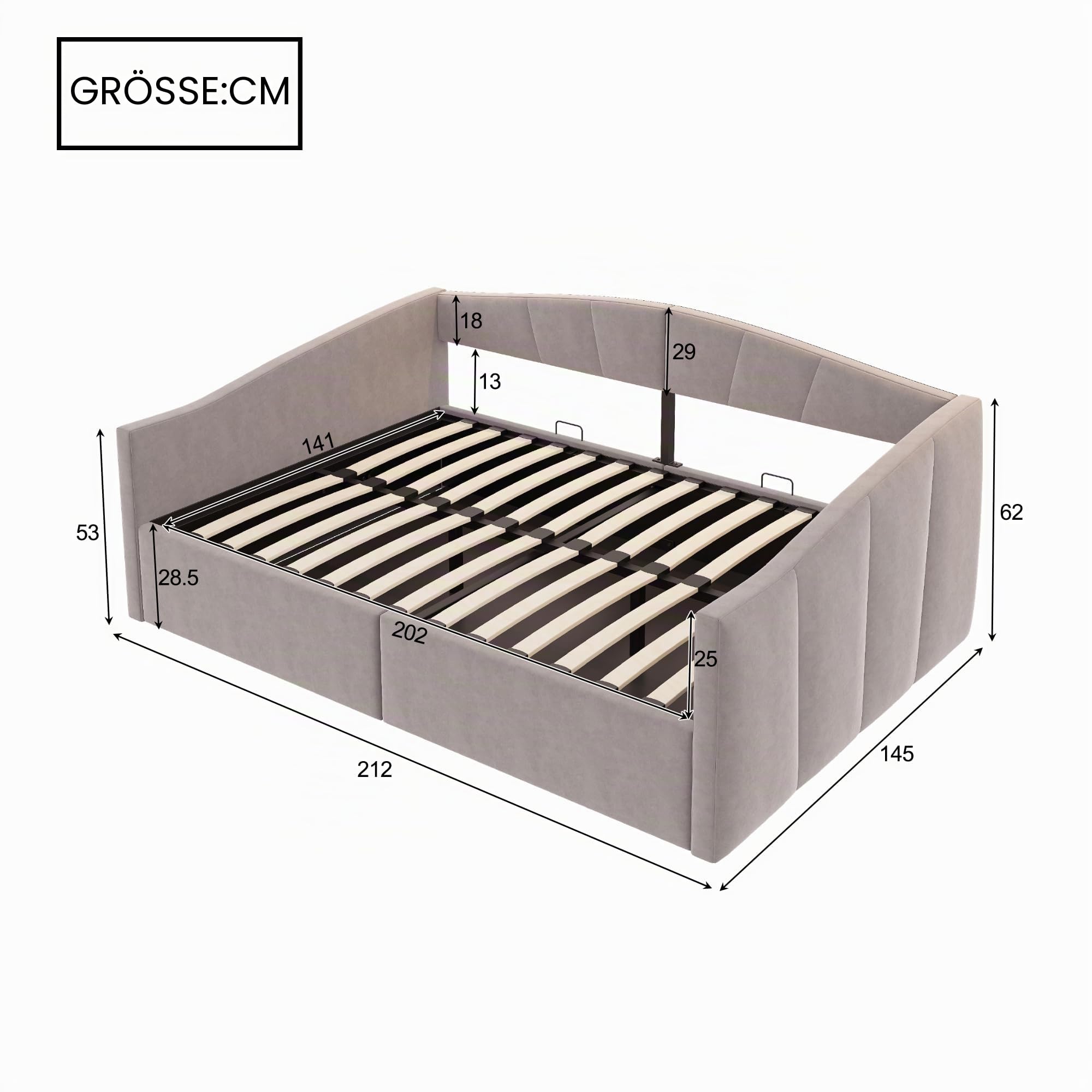 Tagesbett Schlafsofa 140x200 cm, Polsterbett mit Hydraulischer Lagerung, Sofabett mit Lattenrost und Armlehnen, Klassisch Gestreift, Samtstoff, Ohne Matratze, Hellgrau