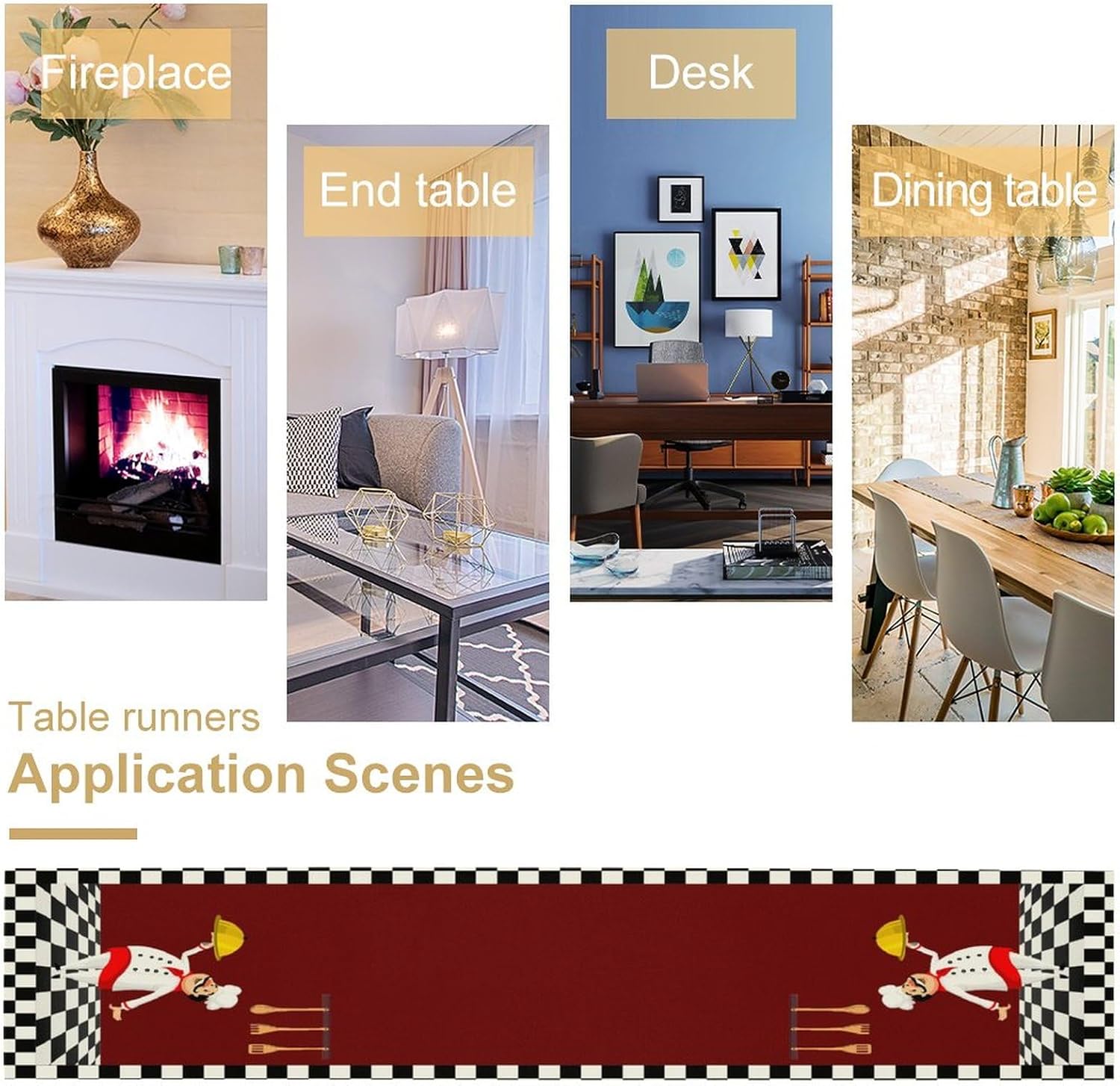 Cotton Linen Table Runner Chef Kitchen Knife Fork Rectangle Table Collection Black White Plaid Table Setting Decorations for Dinner Wedding Birthday Party 13x120Inch