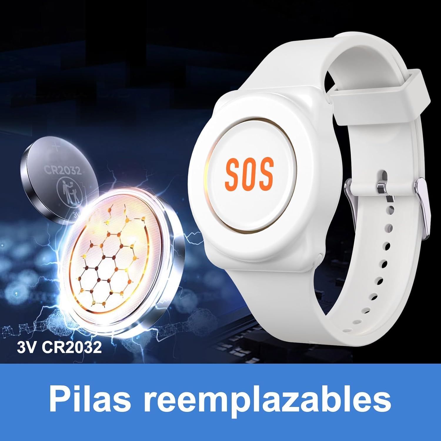 Close-up image showing a CR2032 coin cell battery next to the Daytech SOS wristband, illustrating replaceable batteries.