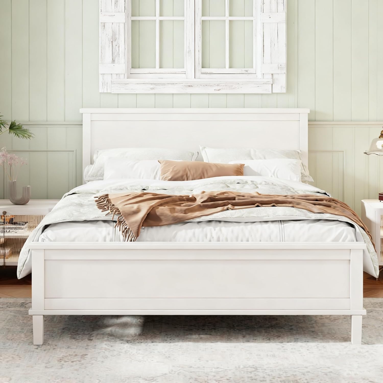 Mid-Century Wood Platform Bed with Headboard and Wood Slat Support, No Box Spring Needed, Full Size, White