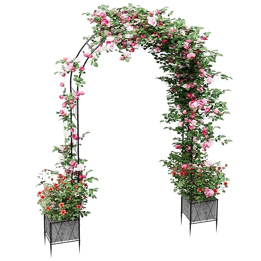 Garden Arch Arbor Trellis with Planter Boxes 8.2 Ft Metal Arch Trellis for Climbing Plants Outdoor, Wedding Arches Backdrop Stand for Ceremony, Halloween, Christmas, Decorations Pergola, Black