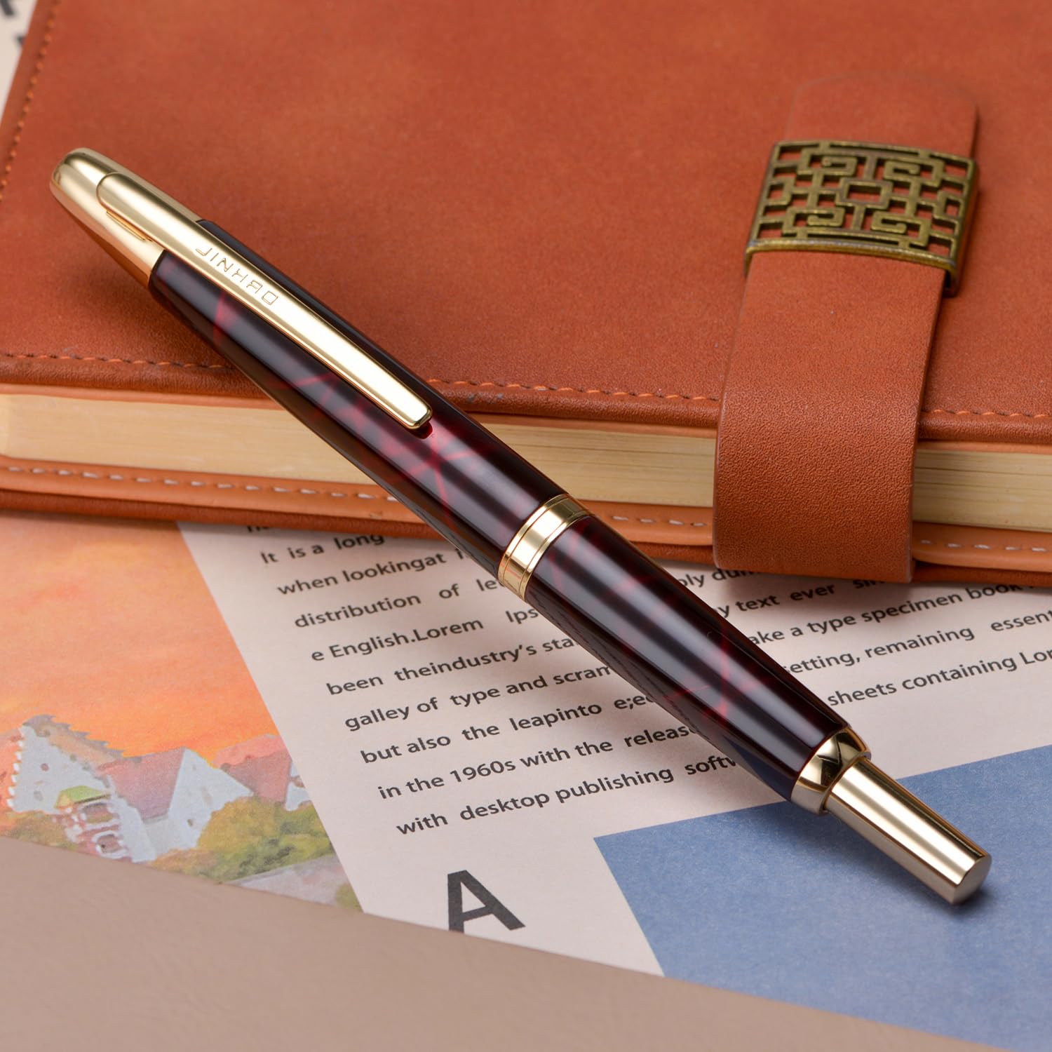 Jinhao 10 Press Vulpen met Doos, Oranje Intrekbare Fijne Penpunt met Converter Set (Zilveren Clip