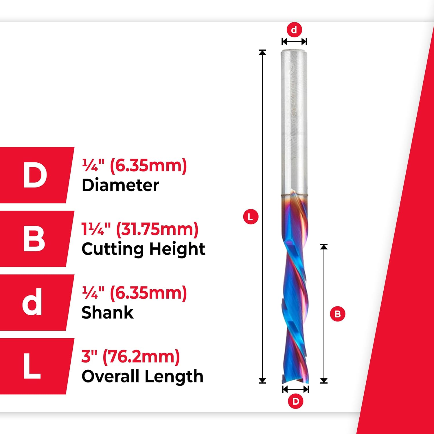 Amana Tool Solid Carbide Spektra Extreme Tool Life Spiral Plunge Router Bit Down-Cut, 46421-K, 1/4 Dia x 1-1/4 CH x 1/4 Shank 3 Inch L