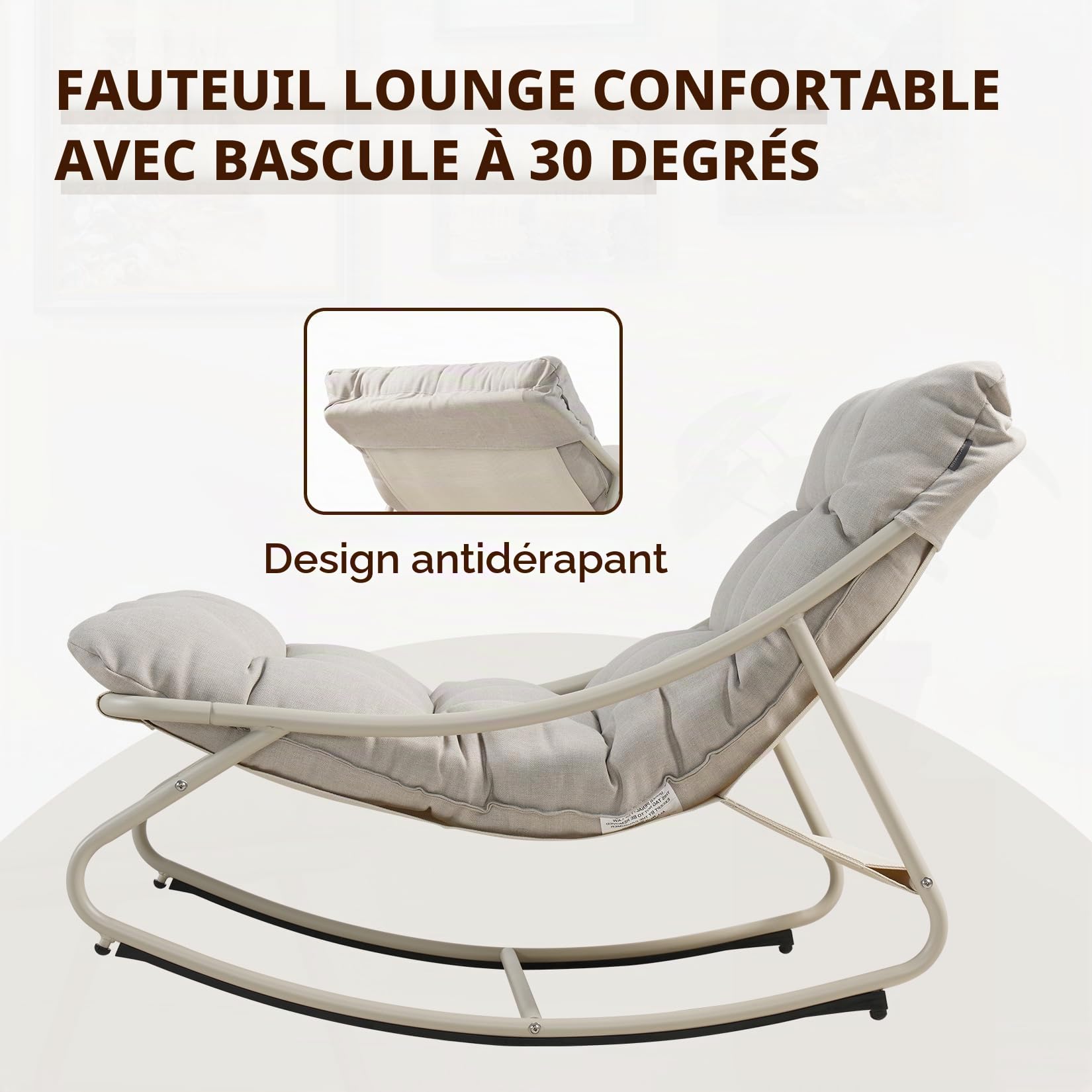 Grand patio Fauteuil à Bascule d’Extérieur avec Coussin – Chaise Relax Ergonomique en Métal, Résistante aux Intempéries, pour Jardin, Terrasse, Balcon & Salon, Jusqu’à 150 kg –Blanc Cassé