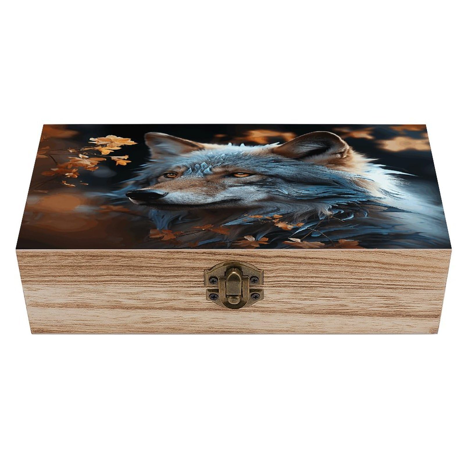 VstaDank Autumn Leaves And A Wolf Wooden Storage Box Wooden Keepsake Box with Hinged Lid Exquisite Solid Wood Decorative Jewelry Case Memory Box for Jewelry Photos Letters Crafts Trinkets