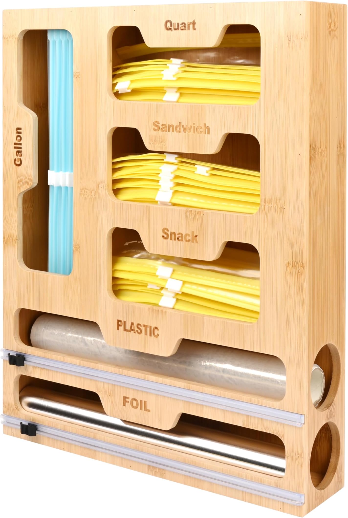 Bag Storage Organizer for Kitchen Drawer, 6 in 1 Foil and Plastic Wrap Dispenser with Cutter, Bamboo Plastic Bag Food Baggie Organizer, brown, M-4hf01