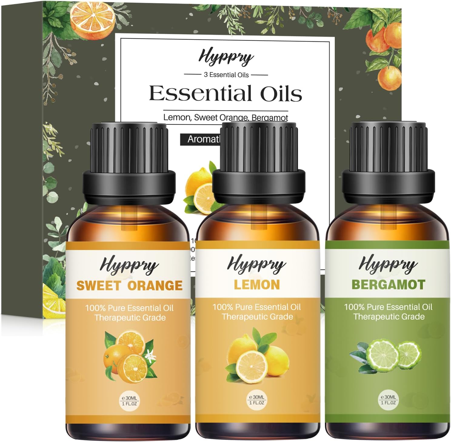 Hyppry 3 x 30ml Citrus Essential Oils Set, Lemon, Orange, Bergamot - 100% Pure & Natural Essential Oils for Diffuser for Home, Aromatherapy, Relaxation, Cleaning, Candle & Soap Making