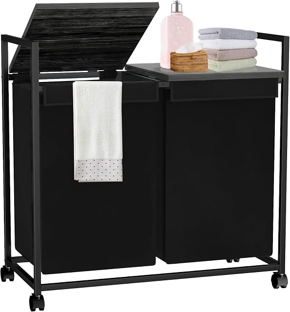 PAKROMAN Laundry Hamper with Lid and 2 Sections - 14gal Capacity Each, Removable Bag Clothes 600D Oxford Sorter, Top Table with Rustic Brown Solid Wood, Ideal for Laundry Room