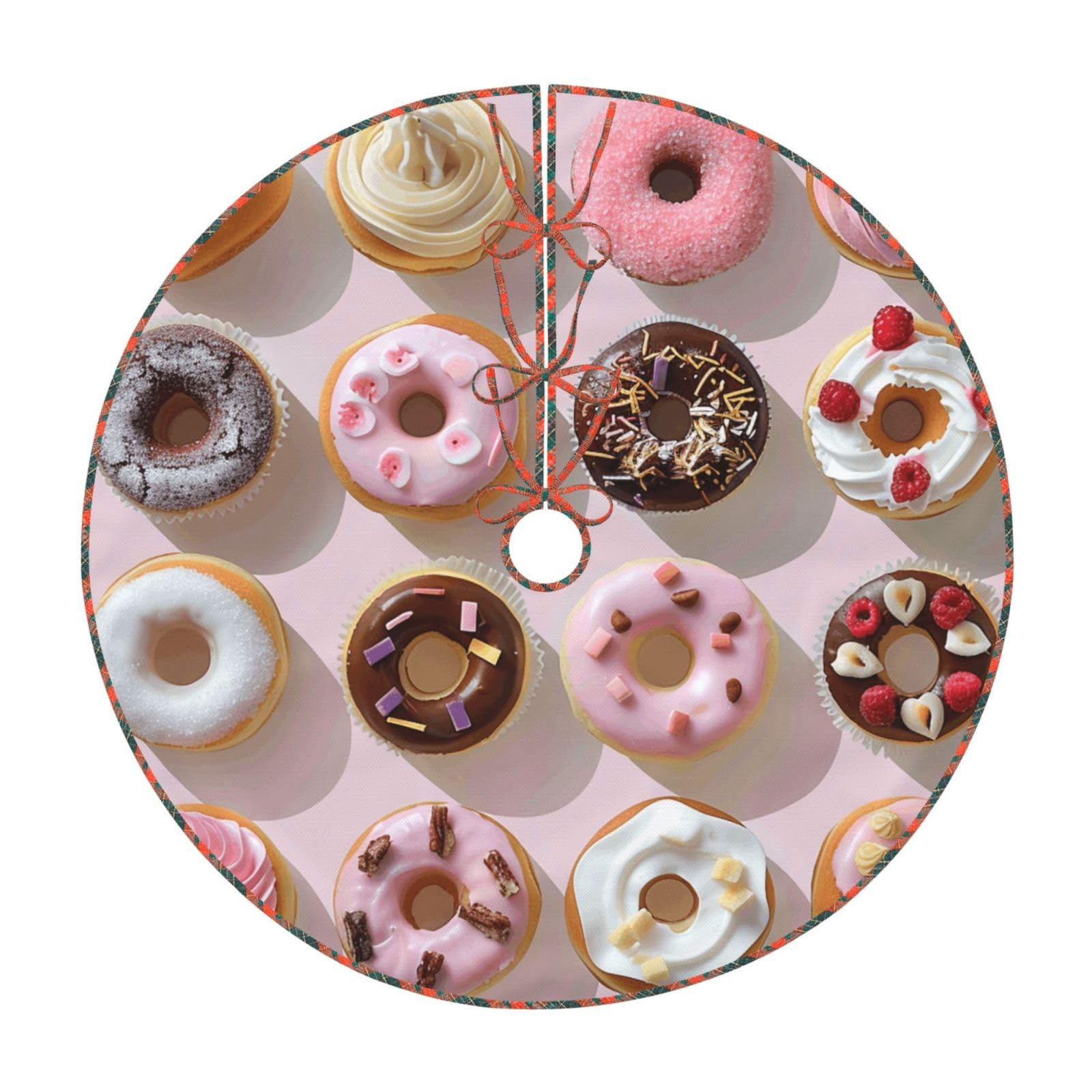 Cupcakes Donuts Muffins Sugar Printed Imitation Linen Christmas Tree Skirt with Lattice Bandage, Xmas Tree Cover Mat for Christmas New Year Party Home Decor, 48 inch