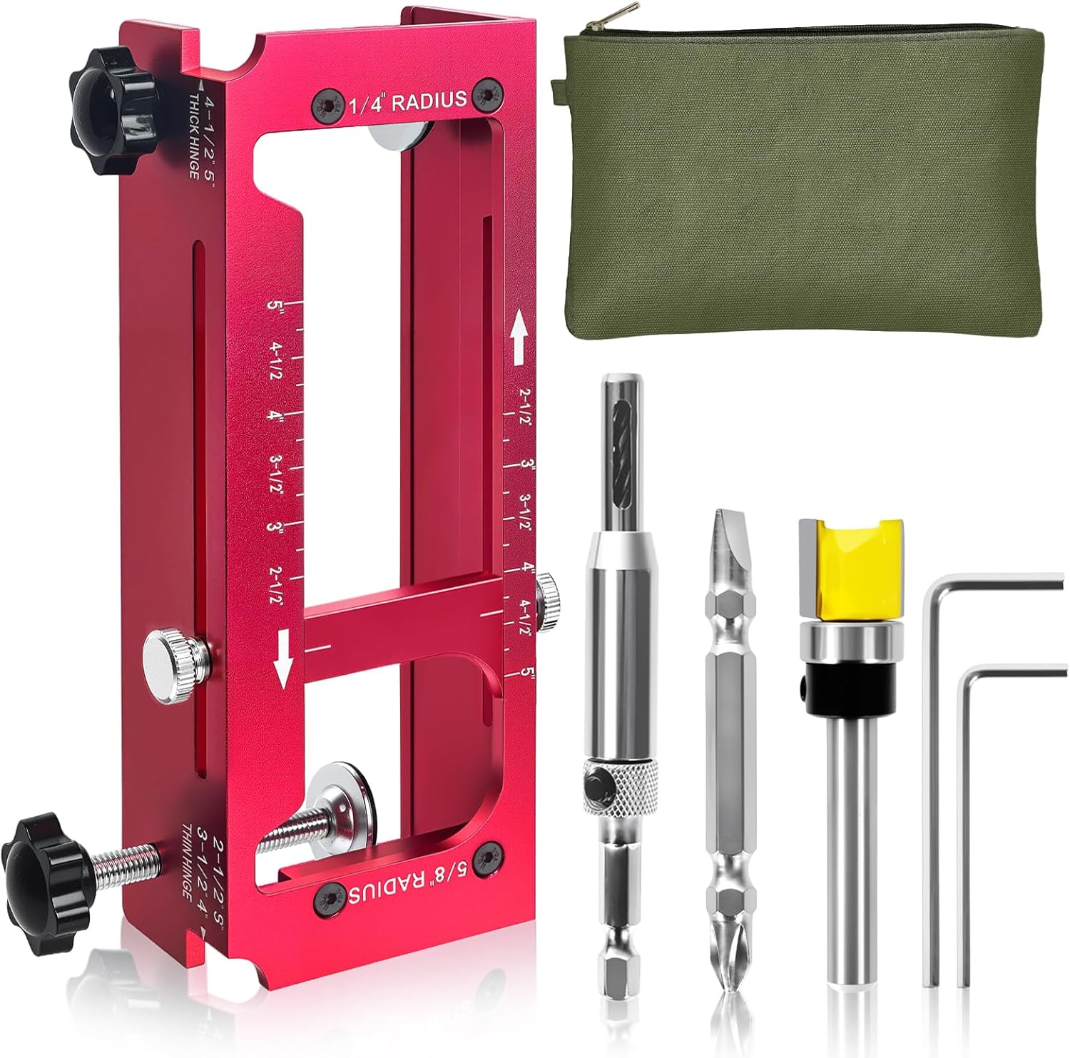 Door Hinge Jig, Aluminum Alloy Door Hinge Router Template Kit, Adjustable Mortise Jig Fits from 2.5" to 5" Length and Thicknesses, 1/4" Radius, 5/8" Radius and Square Corner Types