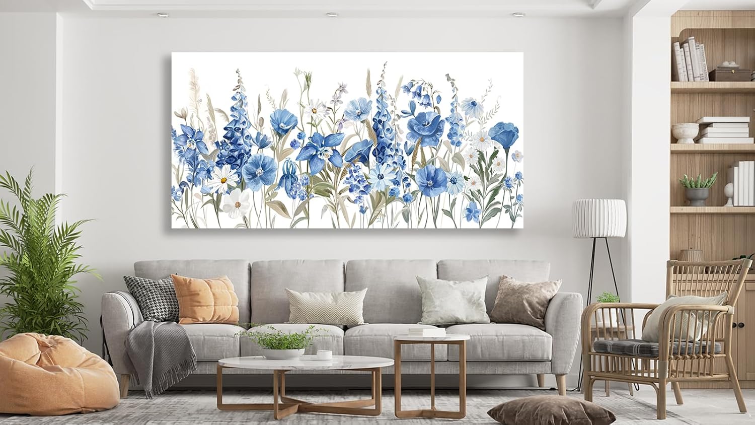 tigeridge Blue Floral Canvas Wall Art - Vibrant Blue White Iris and Daisy Pictures Wall Decor Flower Painting Artwork Elegant Botanical Prints Living Room Bedroom Home Decor Ready to Hang 40 x 20in