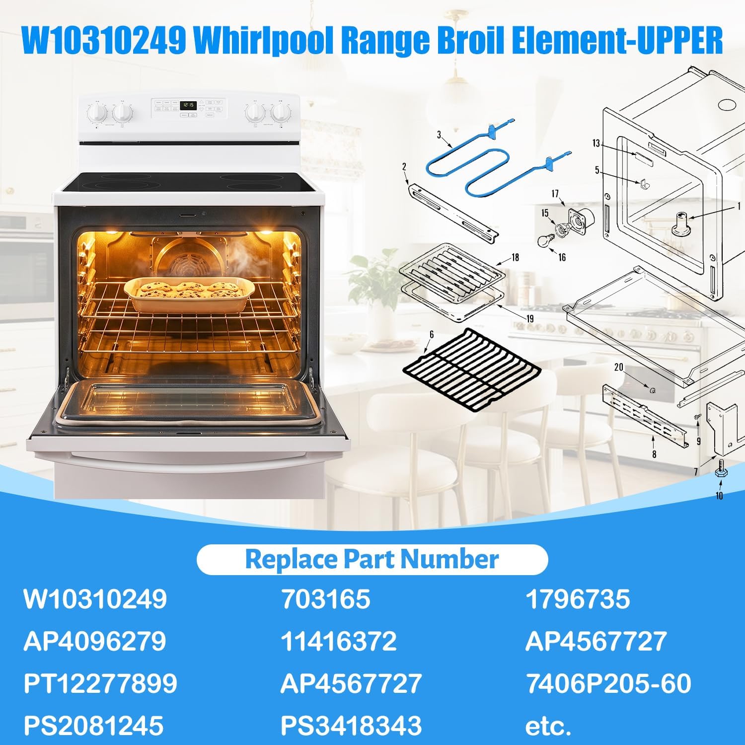 WPW10310249 Range Oven Broil Element for Whirlpool Stove Heating Parts