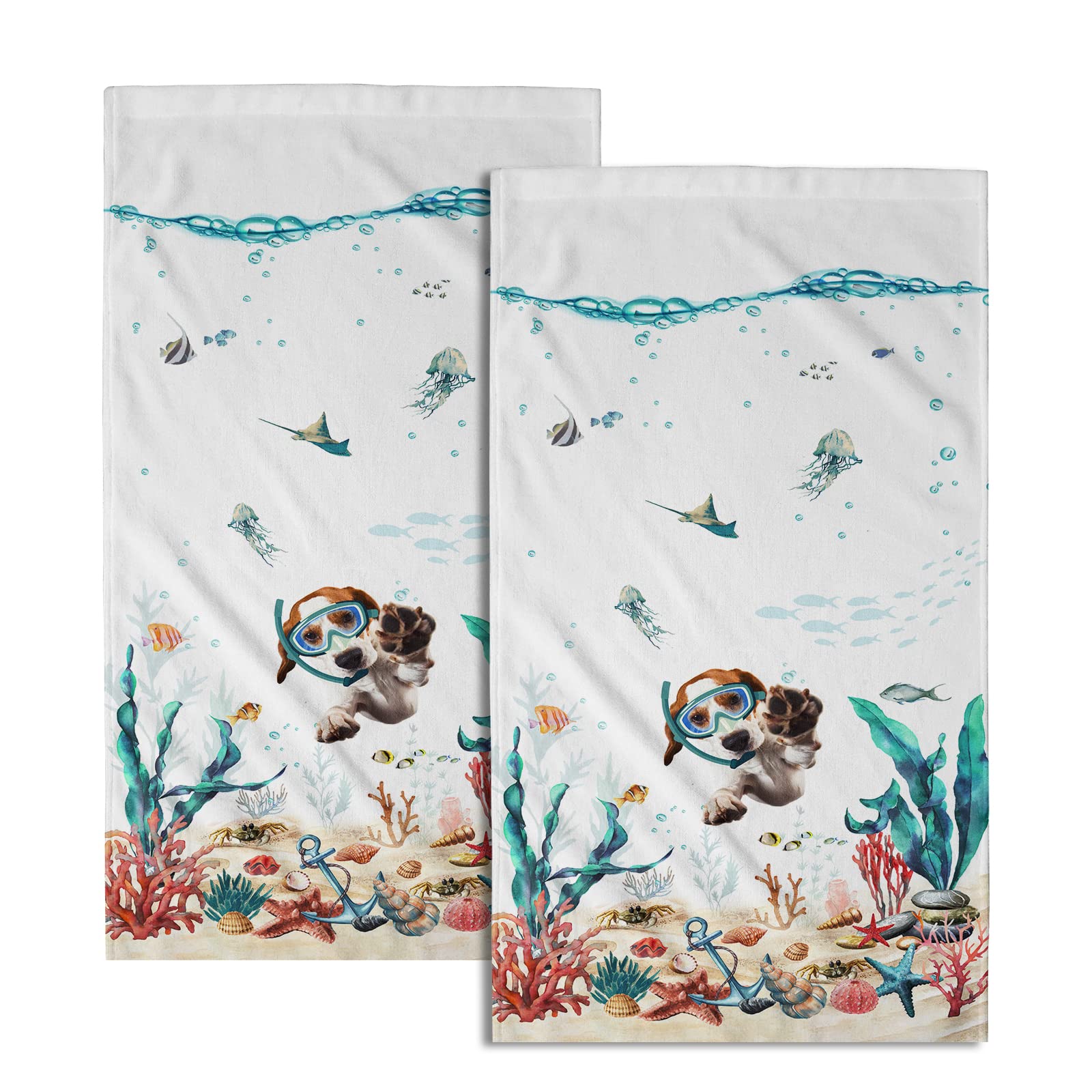 Giwawa Funny Dog Hand Towels Set of 2 Teal Blue Sea Ocean Small Bath Towels Soft Absorbent Decorative Towels for Kitchen Dish Spa Yoga Guest