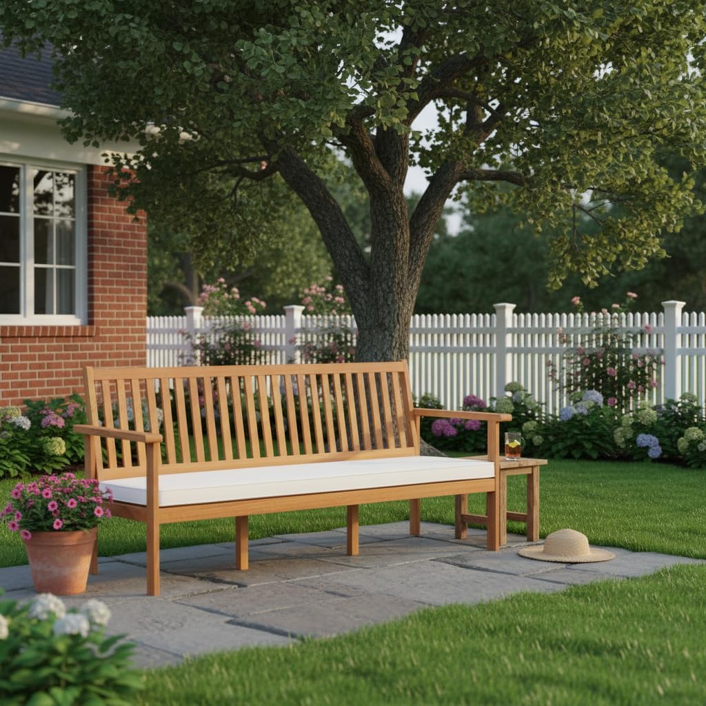 Tangkula 3-Seat Acacia Wood Outdoor Bench with Cushion, 64" Extra Long Garden Bench with Slatted Seat & Backrest, 3-Person Patio Wood Bench for Backyard, Porch, Balcony & Garden