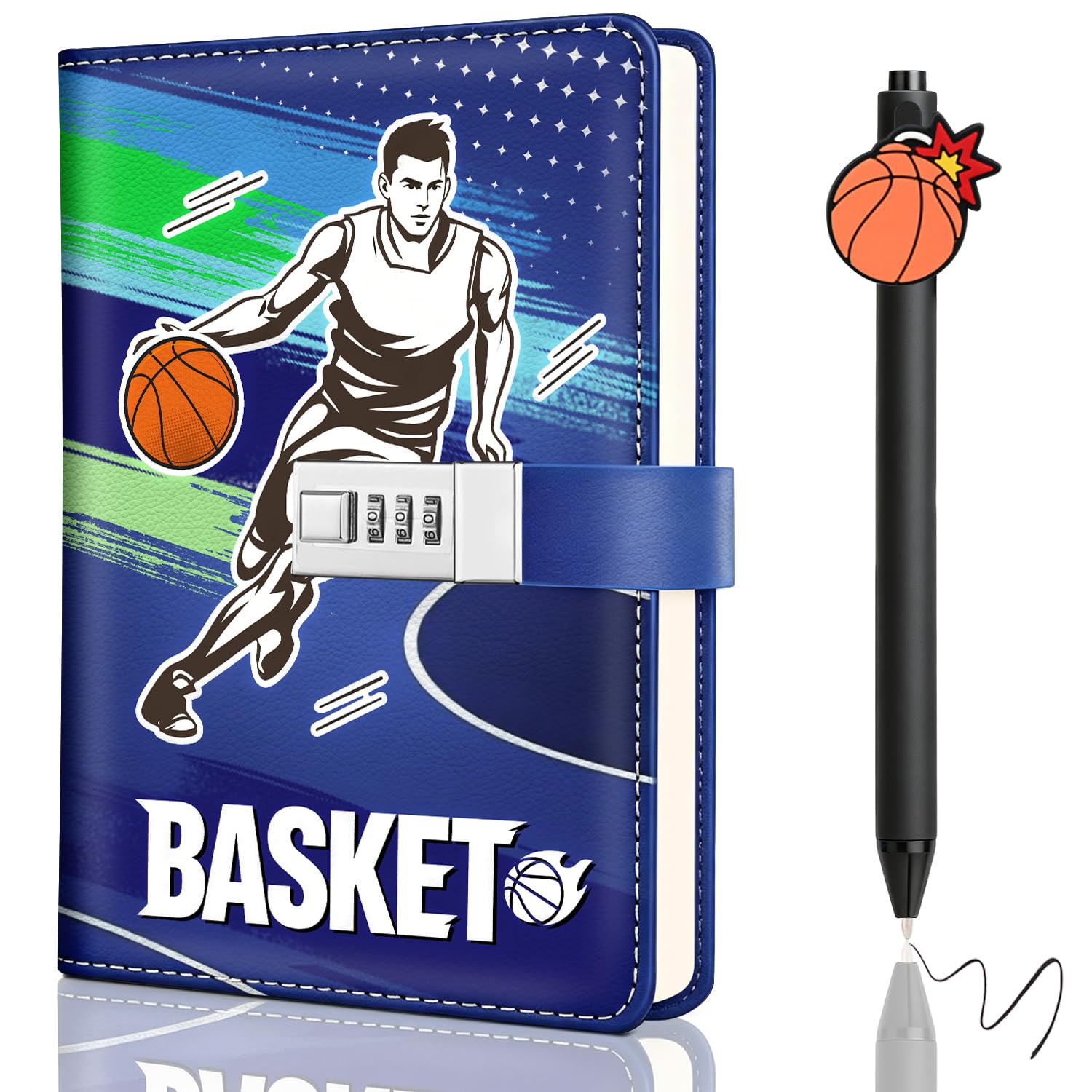 Diario con candado, diario para niños y niños, diario de baloncesto con código para adolescentes, adultos y niñas (Azul)