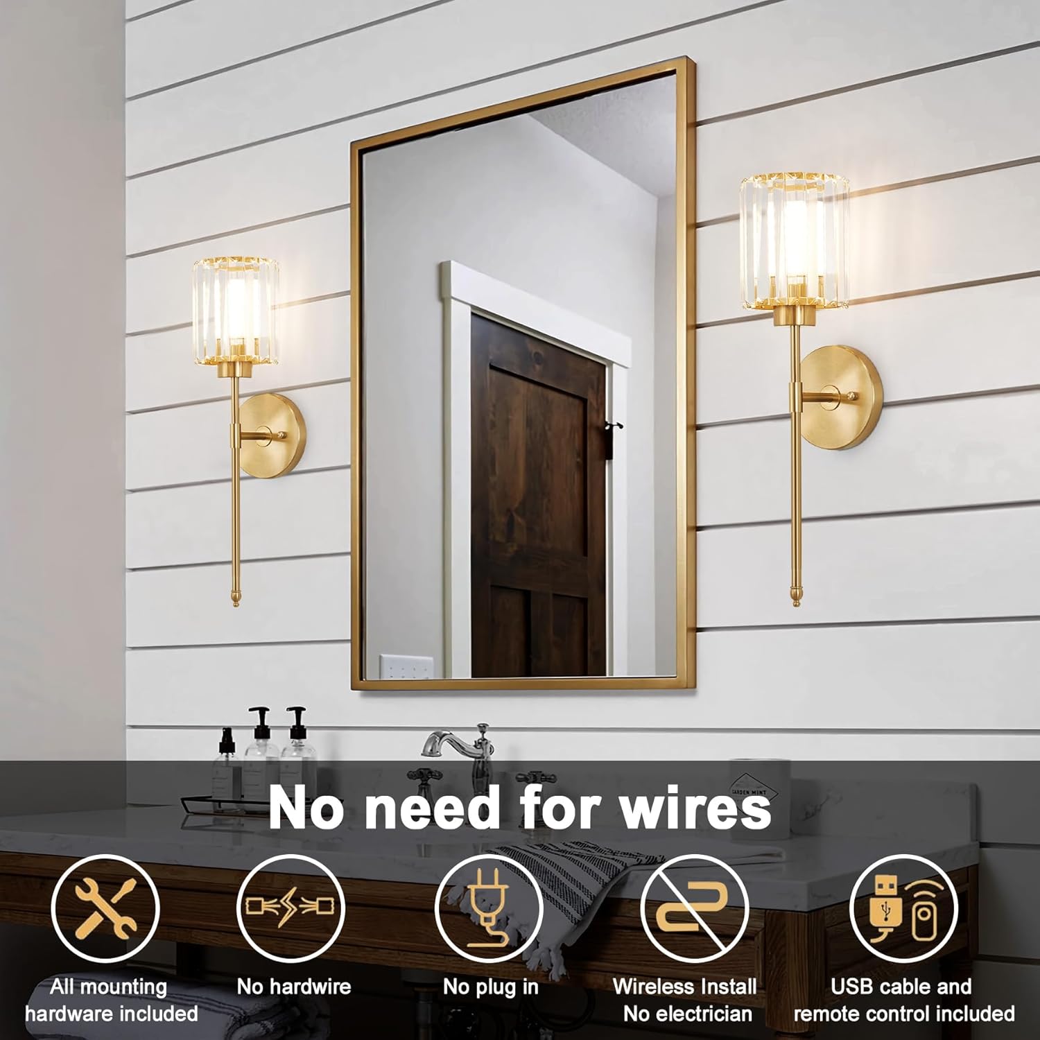 Rechargeable Wireless Wall Sconce Set of 2, Crystal Battery Operated Wall Sconce with Magnetic Bulb, Dimmable 3CCT & 12 RGB Gold Sconces Wall Lighting for Bedroom Living Room Hallway Bathroom